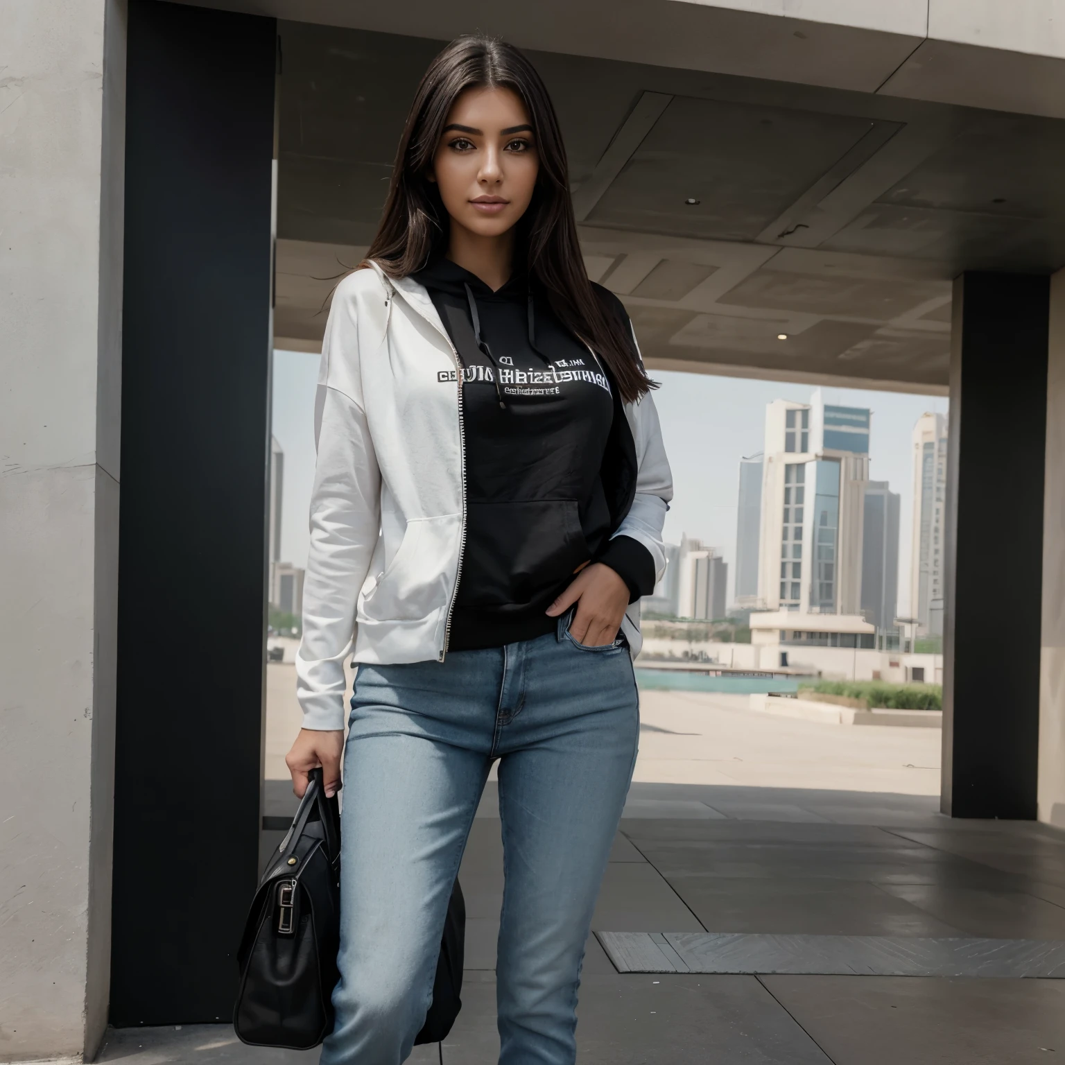 Full body shot of an attractive Lebanese e-girl woman, in schwarzem oversized hoodie und weisser jeans, lachen, have fun, in huge dubai luxury shoppingcenter, Kardashian-Gesicht, mit hellbrauner Haut, naturally, kein Make-up, naturally imperfections, schwarzes Haar, Aufgenommen mit einer Canon EOS R3 mit RF 1200mm f8 L IS USM, Kamerawinkel von der Seite und von unten, naturally light, full whole body, Realistische Fotografie, Hyperdetail, ULTRAHD, ULTRAHD, HDR, - no bad hands, keine Lampen