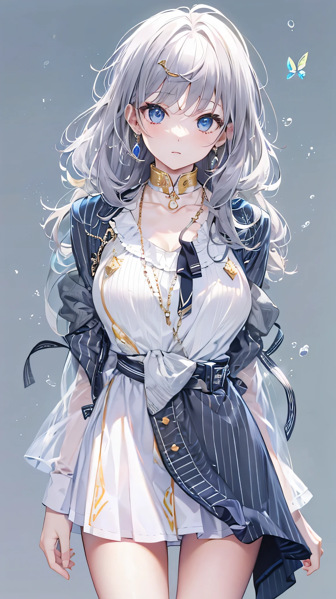 (muste piece, highest quality, ultra high resolution),1 girl,suit , beautiful and detailed face, fine eyes,((Gray and Blue theme)),((whole body)),perfect eyes、no background,white background,((wearing black boots)),((Cute fluttery white dress)),Isshiki、model、Beautiful thin legs、slender body,スーパーmodel