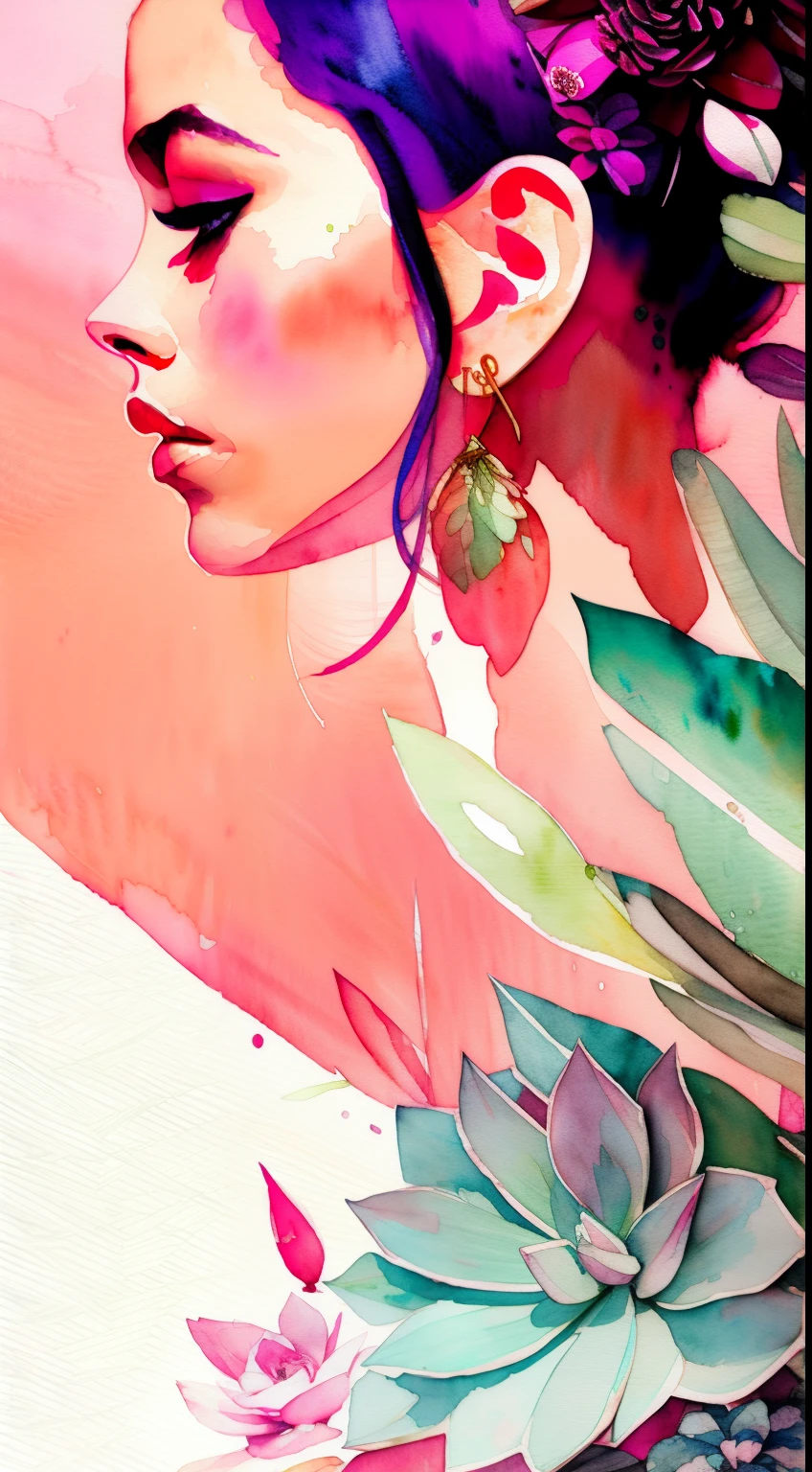 Style Wtrcolor, (pink) succulents, digital art, formal art, gone With the Wind, masterpiece, Beautiful, ((watercolor)), splashes of paint, complex parts. Excellent detail, [drop:0.7], trending on ArtStation, Rachel Walker