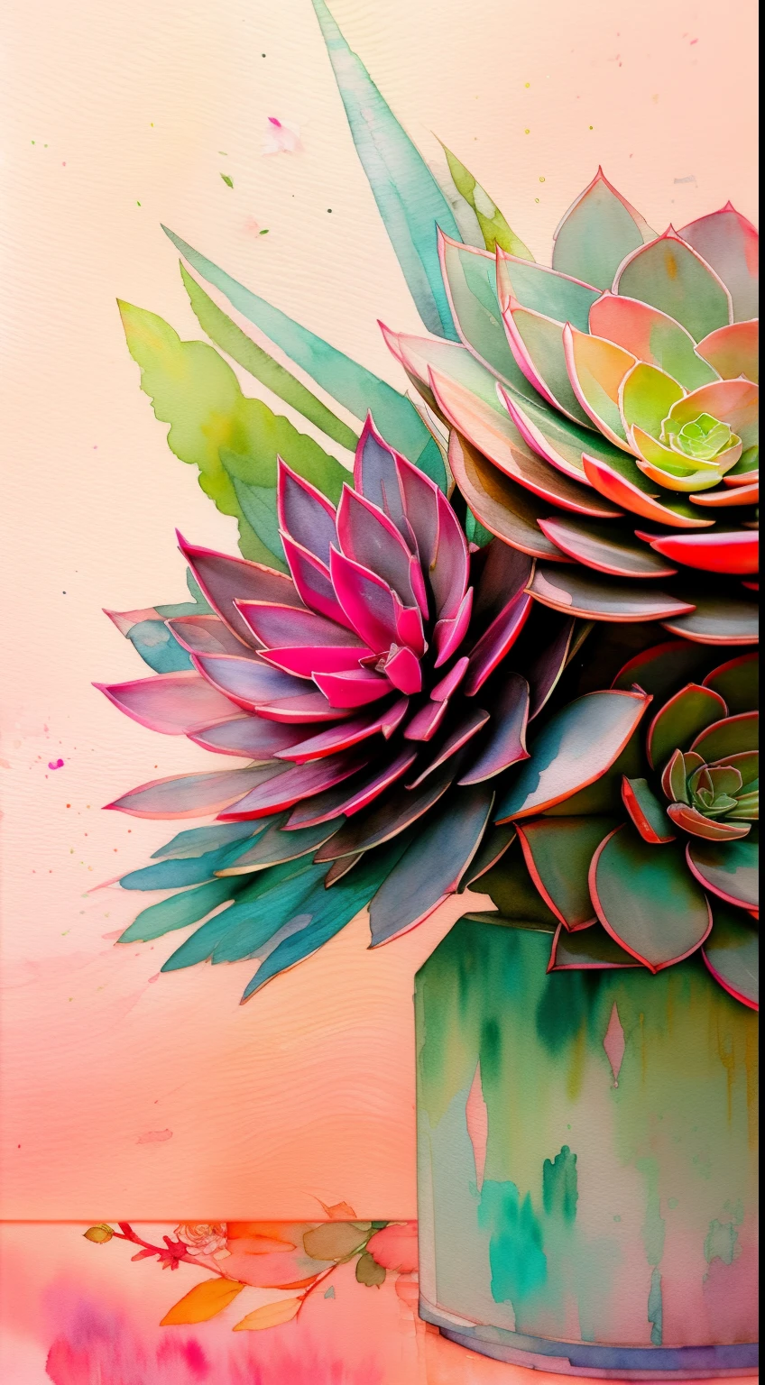 Style Wtrcolor, (pink) succulents, digital art, formal art, gone With the Wind, masterpiece, Beautiful, ((watercolor)), splashes of paint, complex parts. Excellent detail, [drop:0.7], trending on ArtStation, Rachel Walker