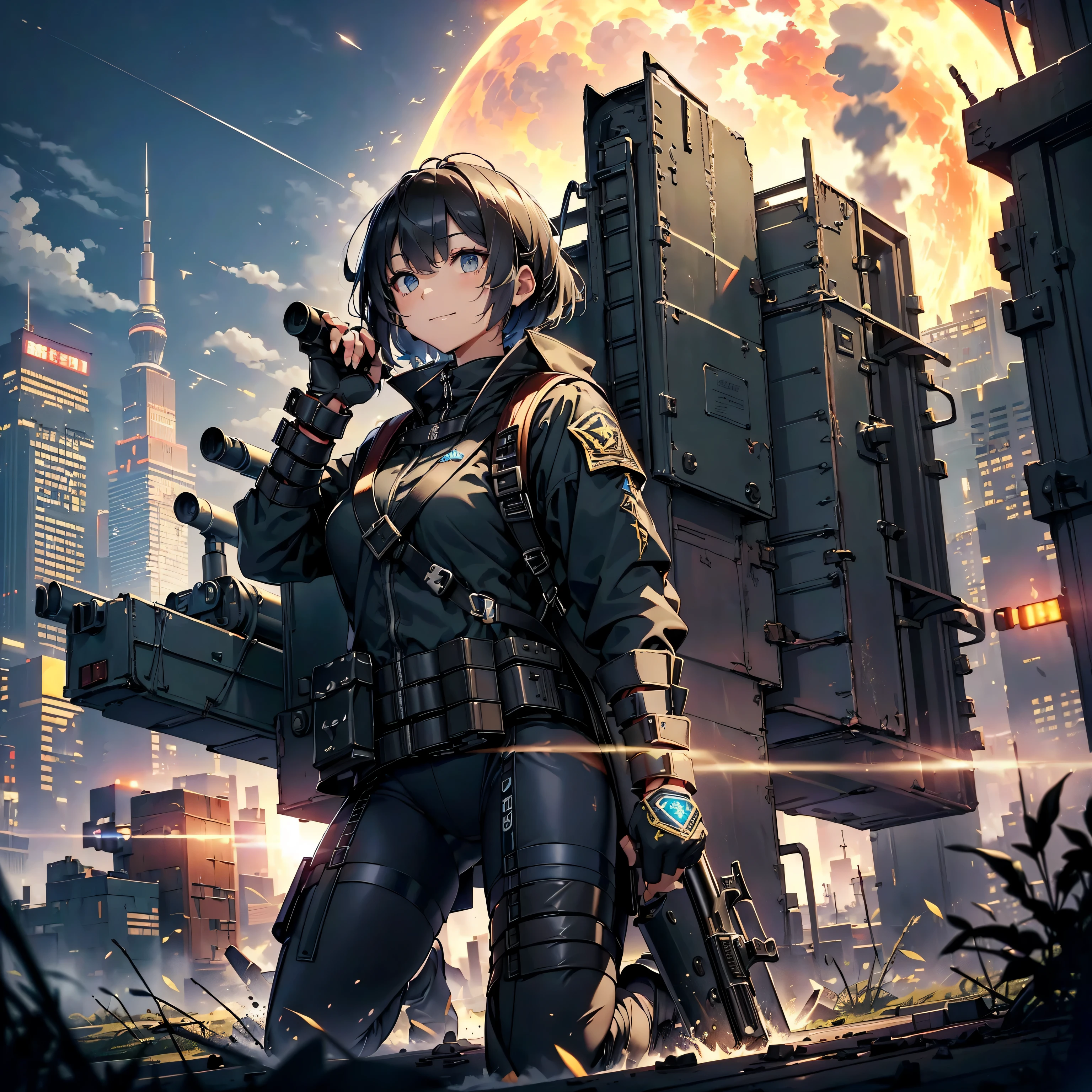 (highest quality，T Masterpiece，final solution，Fluffy，非常にcolorful，colorful):(female combatant，（kneeling pose）（pointing at your ass）mature woman，navy blue super short hair，Tight navy and black combat uniform，tight suit，steel city background，night，normal posture，normal posture、Gentle smile),(Time Machine、Computer、skyscraper gun、weapons of the future、(Backpack:1.1)、Real World、Plankton rattle field、volumetric fog、gray fog、cigarette、 explosion、apocalyptic、destroyed city background、burning building:1.3、splash of water、starry ski、huge moon、Earth、destroyed giant robot、radio tower、airplane flying overhead、shooting star rocket truck、broken car、derailed train、tank、giant weapon、electronic equipment、Luminous mechanism)