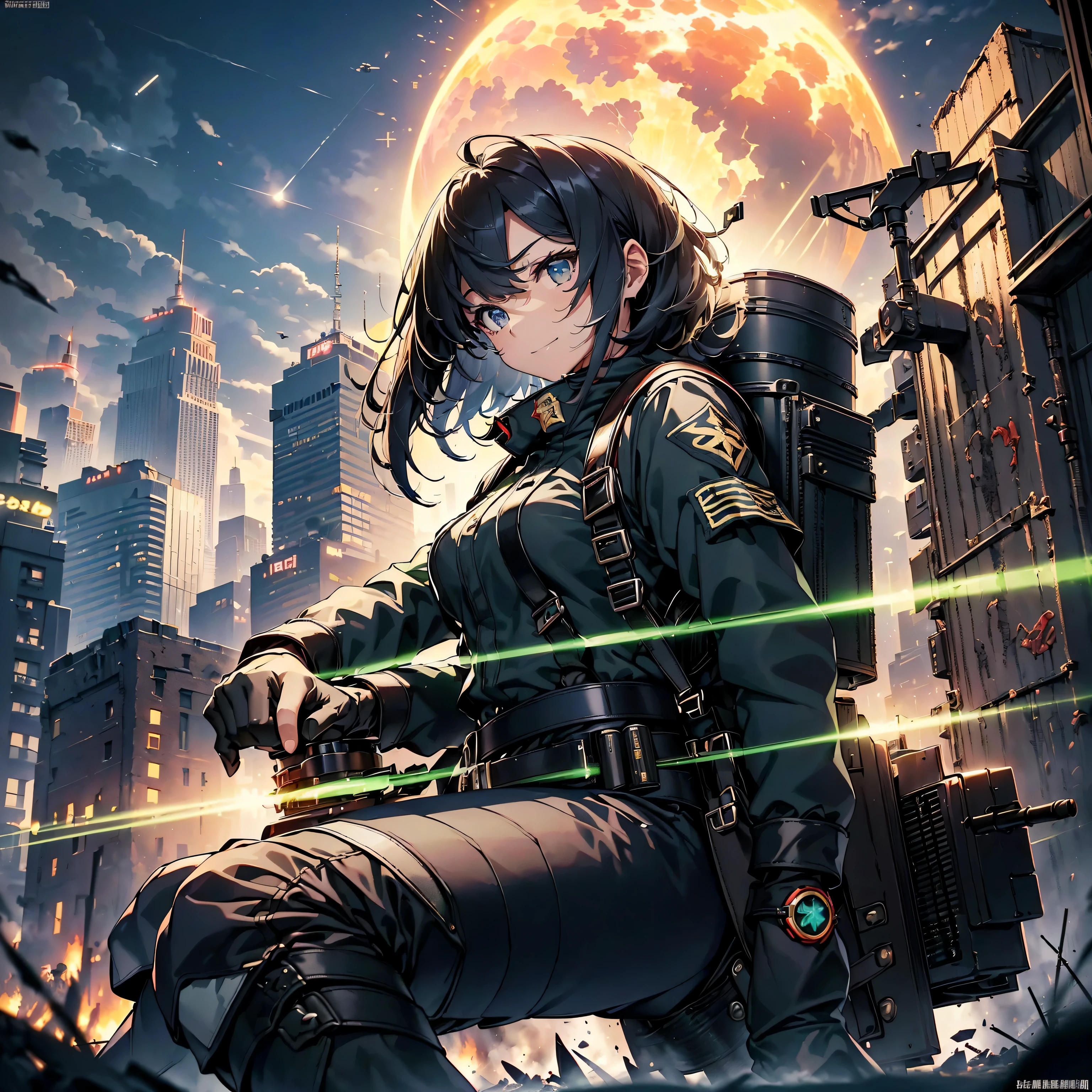 (highest quality,T Masterpiece,final solution,Fluffy,非常にcolorful,colorful):(female combatant,(kneeling pose)(pointing at your ass)mature woman,navy blue super short hair,Tight navy and black combat uniform,tight suit,steel city background,night,normal posture,normal posture、Gentle smile),(Time Machine、Computer、skyscraper gun、weapons of the future、(Backpack:1.1)、Real World、Plankton rattle field、volumetric fog、gray fog、cigarette、 explosion、apocalyptic、destroyed city background、burning building:1.3、splash of water、starry ski、huge moon、Earth、destroyed giant robot、radio tower、airplane flying overhead、shooting star rocket truck、broken car、derailed train、tank、giant weapon、electronic equipment、Luminous mechanism)
