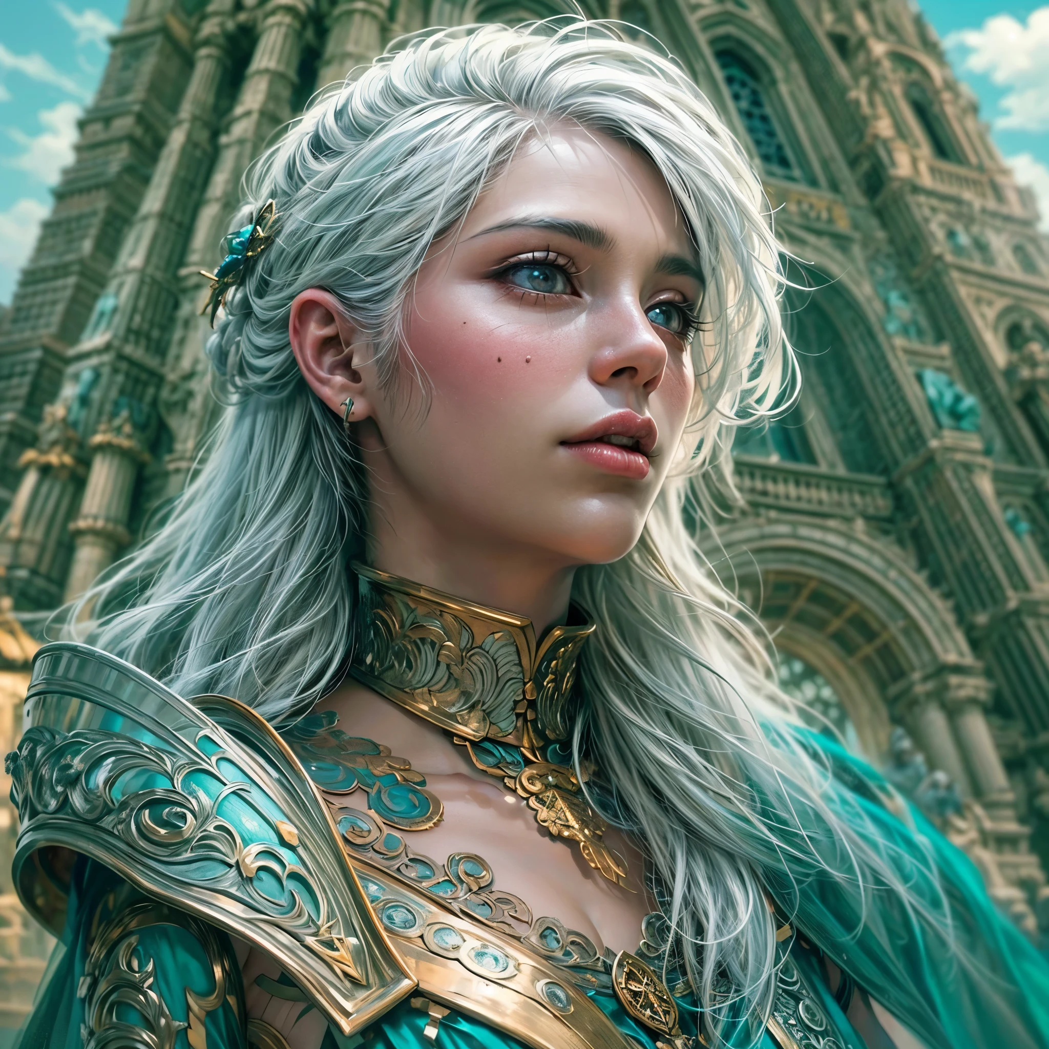 16k, ultra detailed, masterpiece, best quality, (extremely detailed), dynamic angle, anatomically correct, an ultra wide angle picture of a female human in front of a magical tower (intricate details, Masterpiece, best quality: 1.5), female human (intricate details, Masterpiece, best quality: 1.5), beautiful human (intricate details, Masterpiece, best quality: 1.4), (blue skin: 1.5), white hair, braided hair, magical tower (intense details, masterpiece: 1.3), wearing armor, flowing robe, sun light,