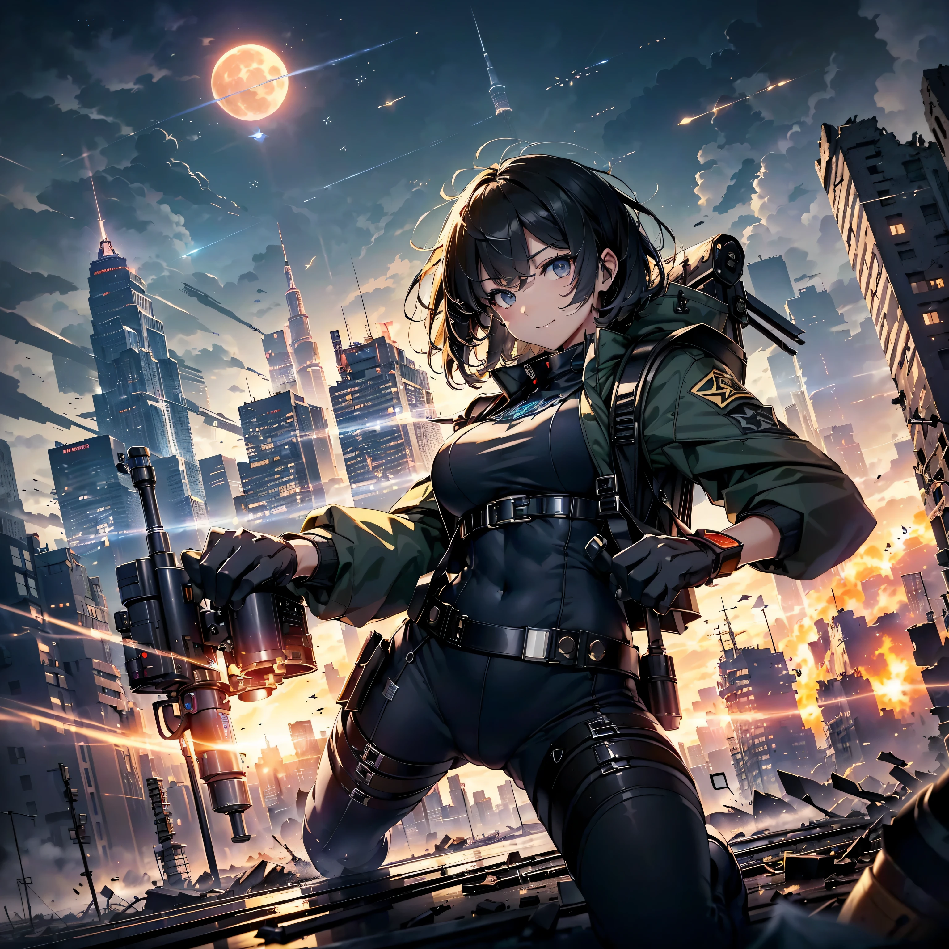 (highest quality,T Masterpiece,final solution,Fluffy,非常にcolorful,colorful):(female combatant,(kneeling pose)(pointing at your ass)mature woman,navy blue super short hair,Tight navy and black combat uniform,tight suit,steel city background,night,normal posture,normal posture、Gentle smile),(Time Machine、Computer、skyscraper gun、weapons of the future、(Backpack:1.1)、Real World、Plankton rattle field、volumetric fog、gray fog、cigarette、 explosion、apocalyptic、destroyed city background、burning building:1.3、splash of water、starry ski、huge moon、Earth、destroyed giant robot、radio tower、airplane flying overhead、shooting star rocket truck、broken car、derailed train、tank、giant weapon、electronic equipment、Luminous mechanism)