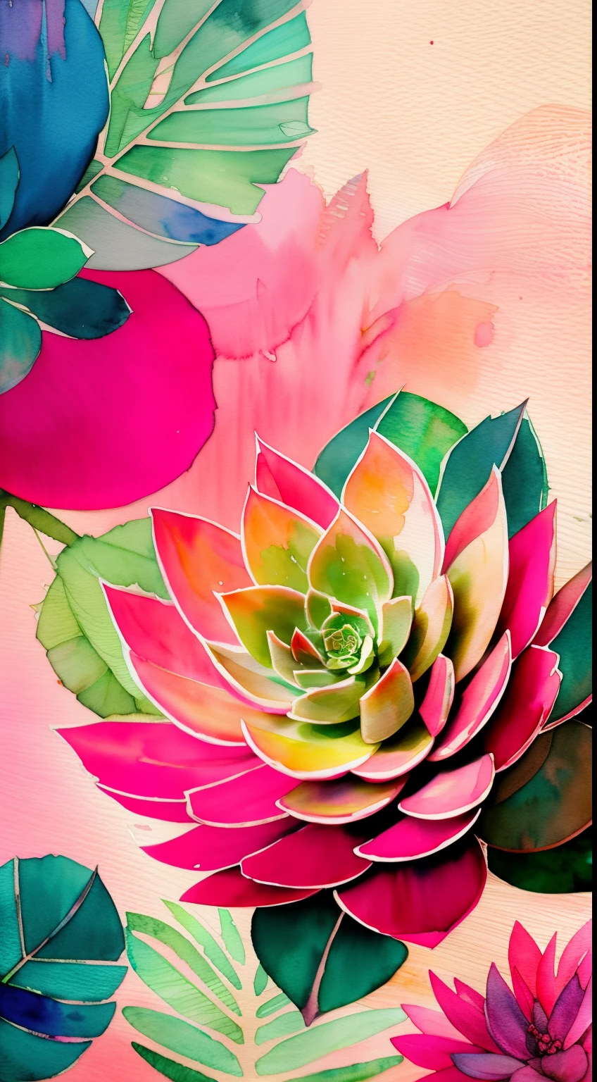 Style Wtrcolor, (pink) succulents, digital art, formal art, gone With the Wind, masterpiece, Beautiful, ((watercolor)), splashes of paint, complex parts. Excellent detail, [drop:0.7], trending on ArtStation, Rachel Walker