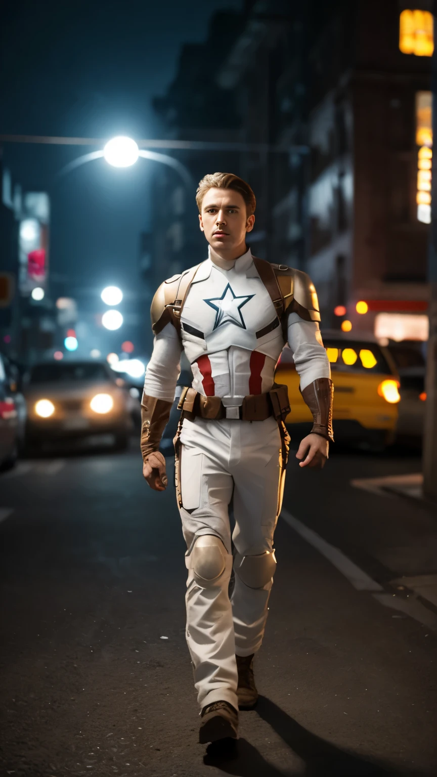 full body shot of captain america in white and gold armour style suit, no mask on, white cape, looking at center camera, perfect composition, beautiful detailed intricate insanely detailed octane render trending on artstation, 8 k artistic photography, photorealistic concept art, soft natural volumetric cinematic perfect light, chiaroscuro, award - winning photograph, masterpiece, oil on canvas, raphael, caravaggio, greg rutkowski, beeple, beksinski, giger, trending on artstation, sharp focus, studio photo, intricate details, highly detailed, night city background, by greg rutkowski