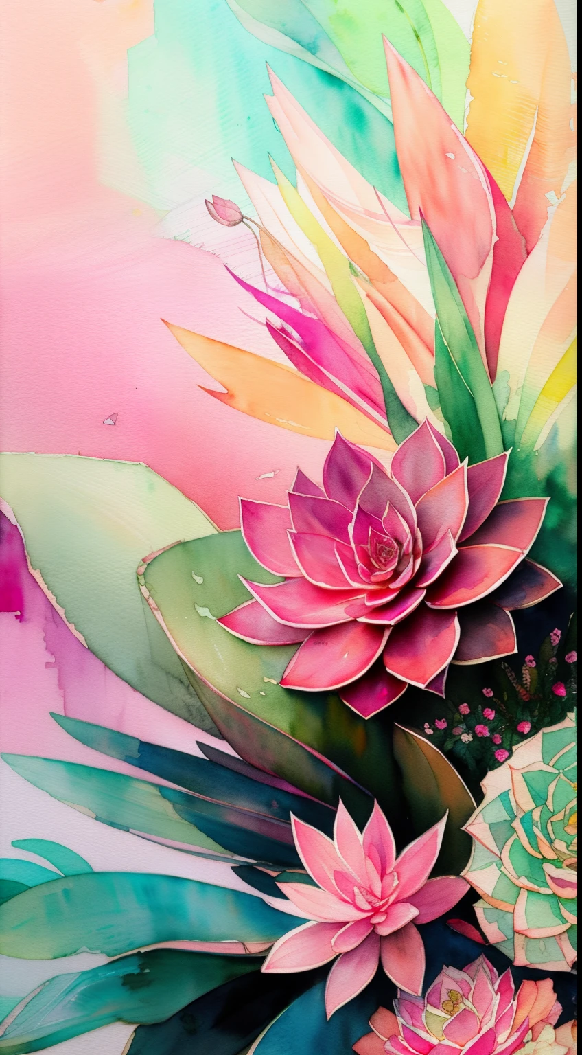 Style Wtrcolor, (pink) succulents, digital art, formal art, gone With the Wind, masterpiece, Beautiful, ((watercolor)), splashes of paint, complex parts. Excellent detail, [drop:0.7], trending on ArtStation, Rachel Walker
