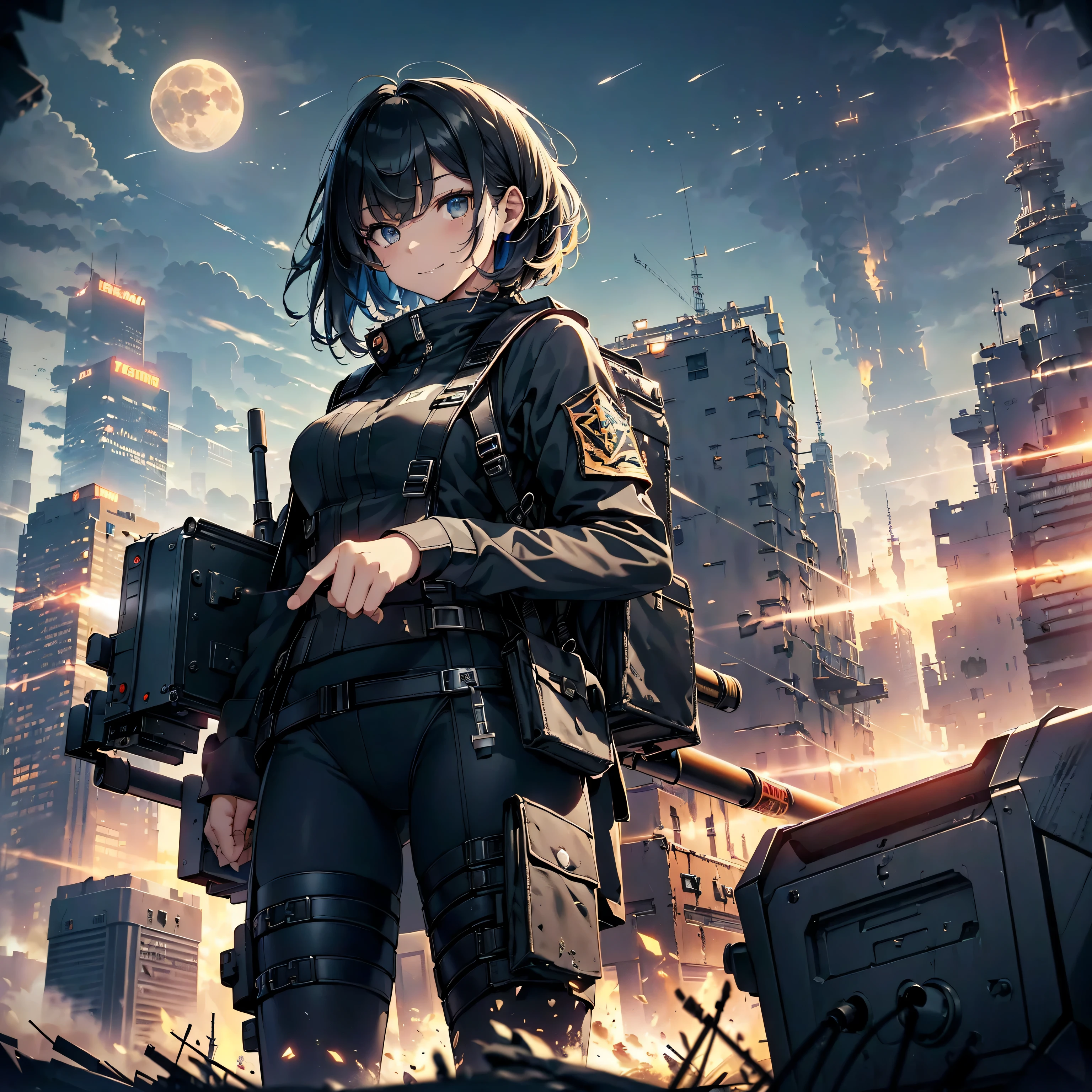 (highest quality，T Masterpiece，final solution，Fluffy，非常にcolorful，colorful):(female combatant，（kneeling pose）（pointing at your ass）mature woman，navy blue super short hair，Tight navy and black combat uniform，tight suit，steel city background，night，normal posture，normal posture、Gentle smile),(Time Machine、Computer、skyscraper gun、weapons of the future、(Backpack:1.1)、Real World、Plankton rattle field、volumetric fog、gray fog、cigarette、 explosion、apocalyptic、destroyed city background、burning building:1.3、splash of water、starry ski、huge moon、Earth、destroyed giant robot、radio tower、airplane flying overhead、shooting star rocket truck、broken car、derailed train、tank、giant weapon、electronic equipment、Luminous mechanism)
