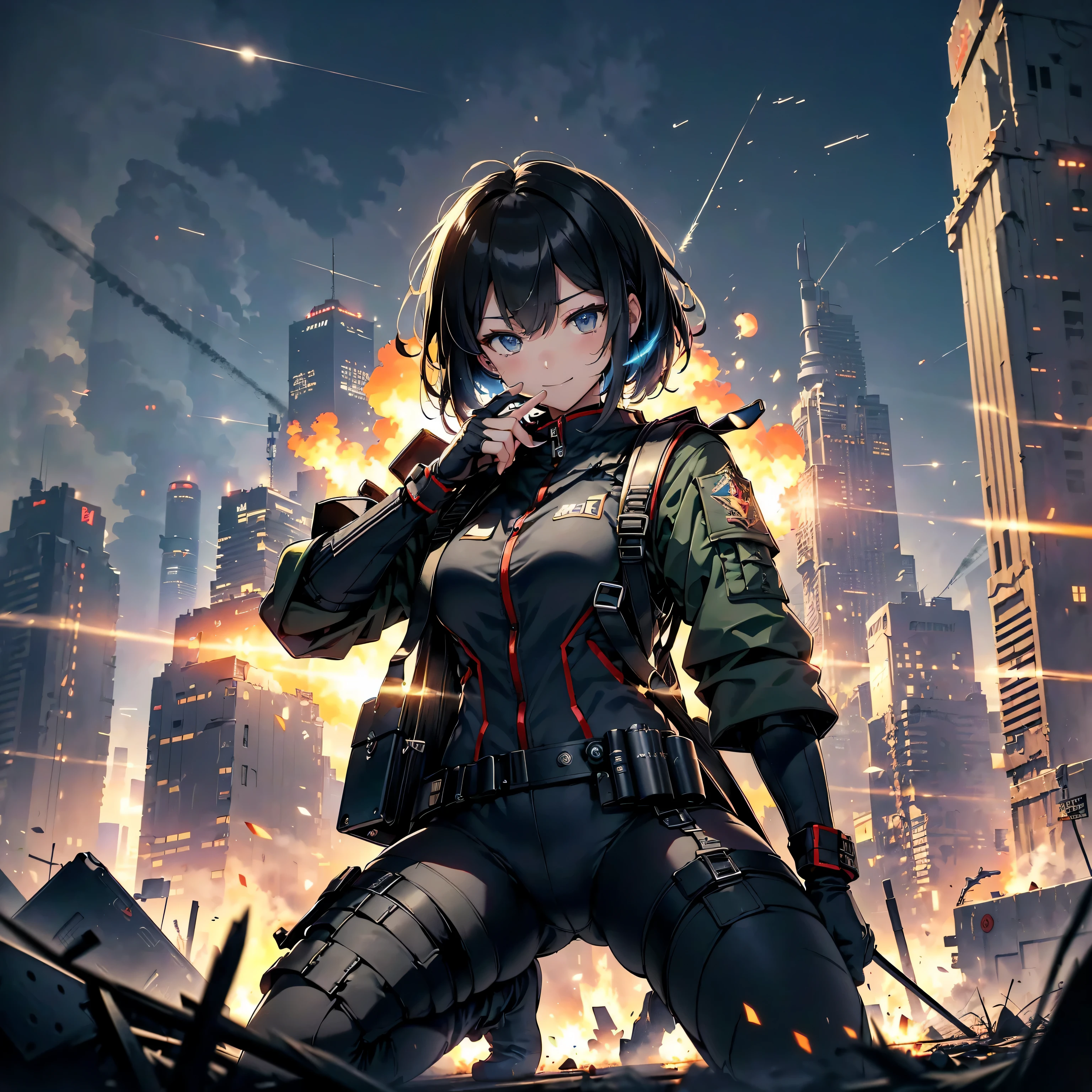 (highest quality，T Masterpiece，final solution，Fluffy，非常にcolorful，colorful):(female combatant，（kneeling pose）（pointing at your ass）mature woman，navy blue super short hair，Tight navy and black combat uniform，tight suit，steel city background，night，normal posture，normal posture、Gentle smile),(Time Machine、Computer、skyscraper gun、weapons of the future、(Backpack:1.1)、Real World、Plankton rattle field、volumetric fog、gray fog、cigarette、 explosion、apocalyptic、destroyed city background、burning building:1.3、splash of water、starry ski、huge moon、Earth、destroyed giant robot、radio tower、airplane flying overhead、shooting star rocket truck、broken car、derailed train、tank、giant weapon、electronic equipment、Luminous mechanism)