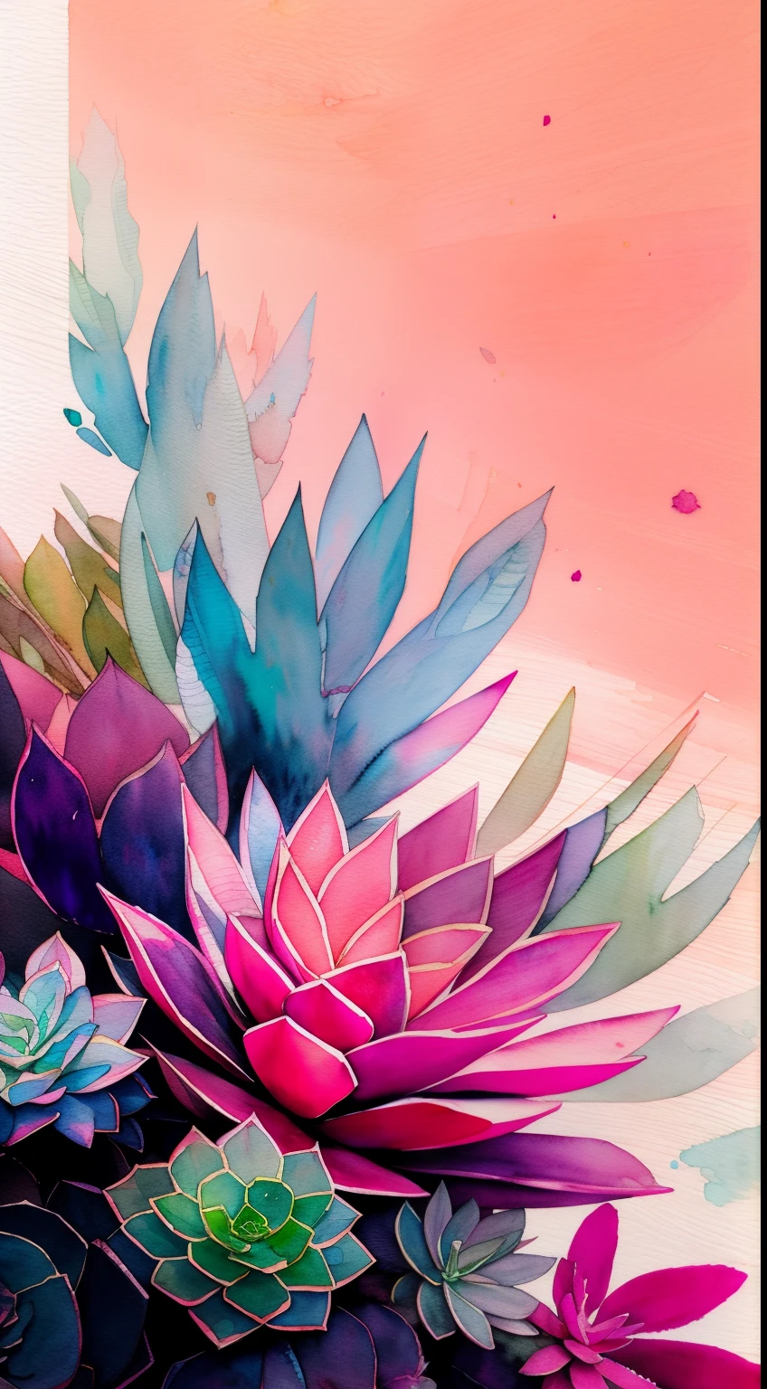 Style Wtrcolor, (pink) succulents, digital art, formal art, gone With the Wind, masterpiece, Beautiful, ((watercolor)), splashes of paint, complex parts. Excellent detail, [drop:0.7], trending on ArtStation, Rachel Walker