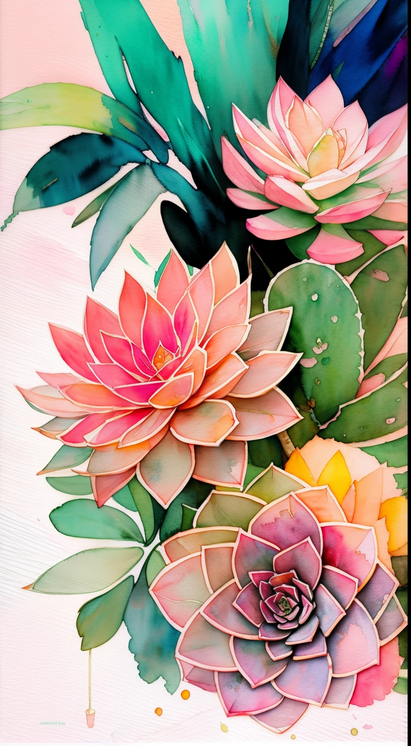 Style Wtrcolor, (pink) succulents, digital art, formal art, gone With the Wind, masterpiece, Beautiful, ((watercolor)), splashes of paint, complex parts. Excellent detail, [drop:0.7], trending on ArtStation, Rachel Walker