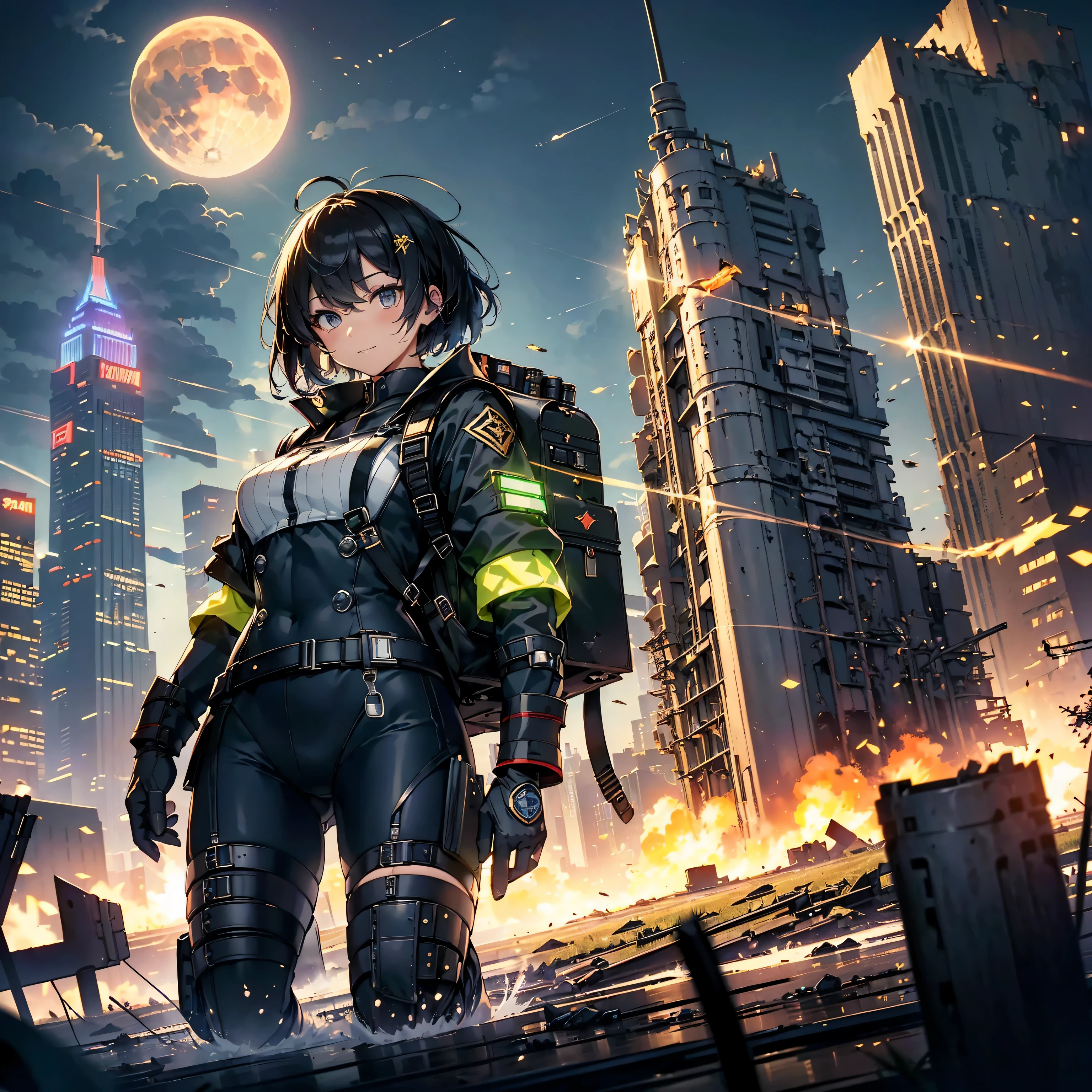 (highest quality,T Masterpiece,final solution,Fluffy,非常にcolorful,colorful):(female combatant,(kneeling pose)(pointing at your ass)mature woman,navy blue super short hair,Tight navy and black combat uniform,tight suit,steel city background,night,normal posture,normal posture、Gentle smile),(Time Machine、Computer、skyscraper gun、weapons of the future、(Backpack:1.1)、Real World、Plankton rattle field、volumetric fog、gray fog、cigarette、 explosion、apocalyptic、destroyed city background、burning building:1.3、splash of water、starry ski、huge moon、Earth、destroyed giant robot、radio tower、airplane flying overhead、shooting star rocket truck、broken car、derailed train、tank、giant weapon、electronic equipment、Luminous mechanism)