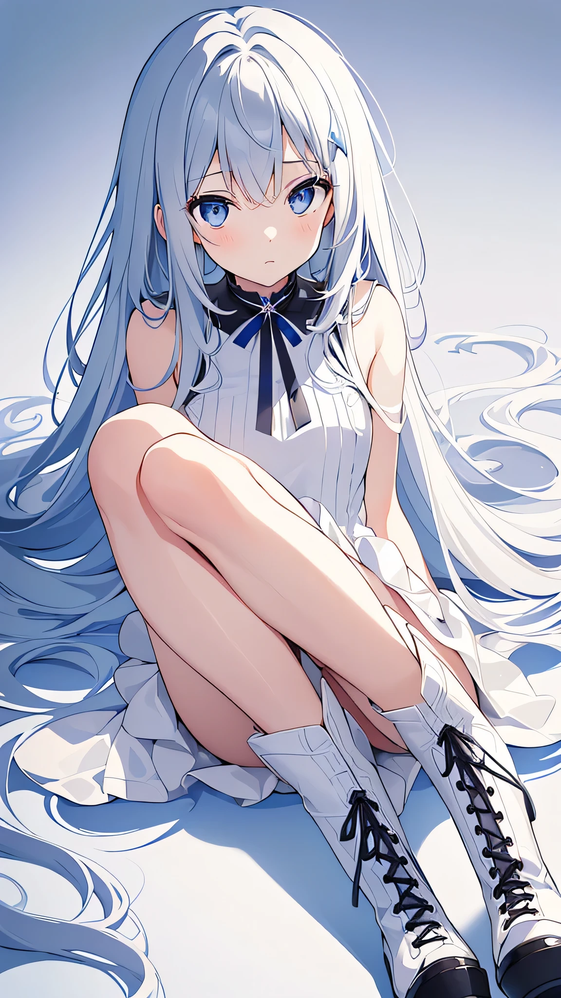 (muste piece, highest quality, ultra high resolution),1 girl,suit , beautiful and detailed face, fine eyes,((Gray and Blue theme)),((whole body)),perfect eyes、no background,white background,((wearing black boots)),((Cute fluttery white dress)),Isshiki、model、Beautiful thin legs、slender body,スーパーmodel