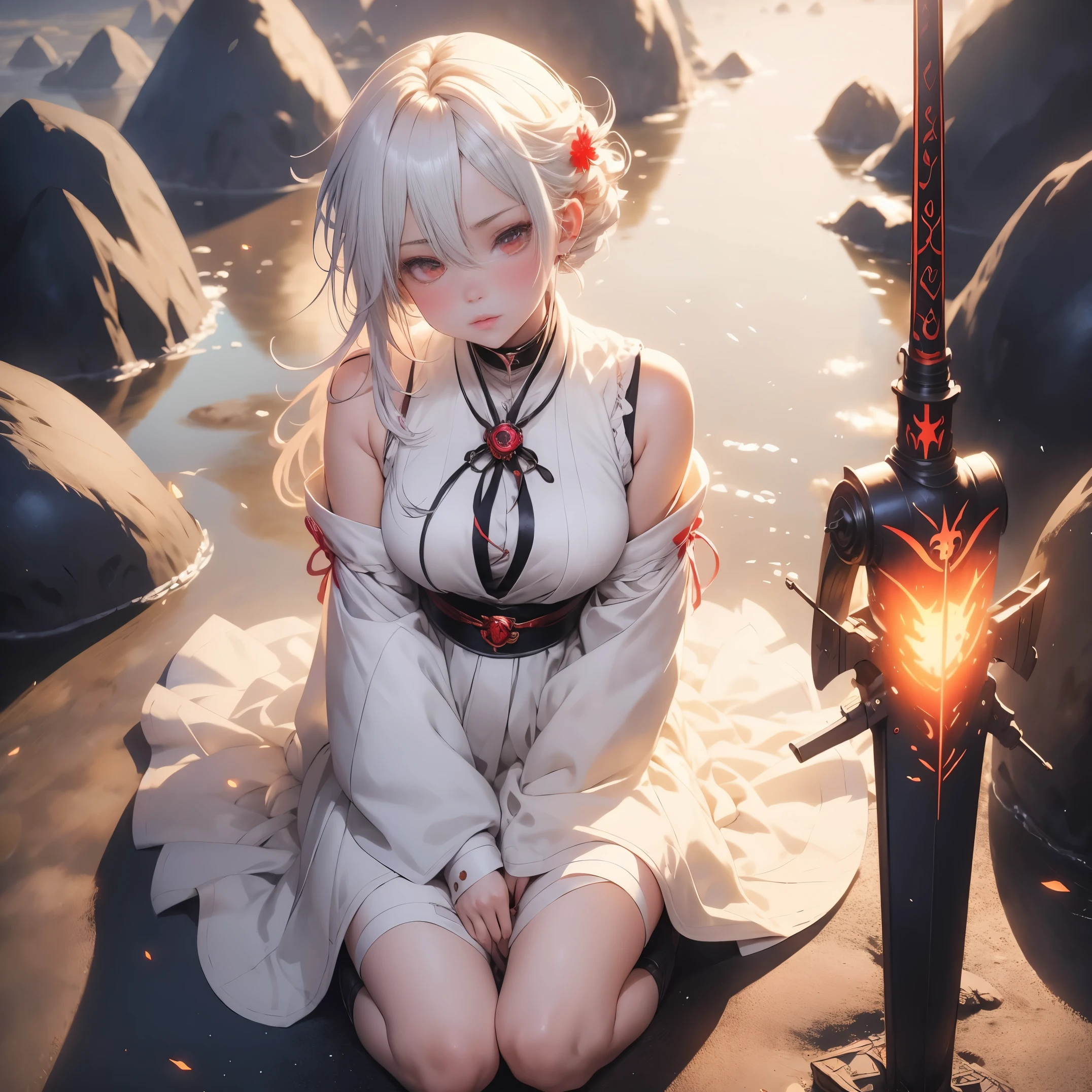 anime girl sitting on the ground with a sword in her hand, guweiz on pixiv artstation, best anime 4k konachan wallpaper, white haired deity, guweiz on artstation pixiv, anime style 4 k, guweiz, anime art wallpaper 4k, anime art wallpaper 4 k, cute anime waifu in a nice dress