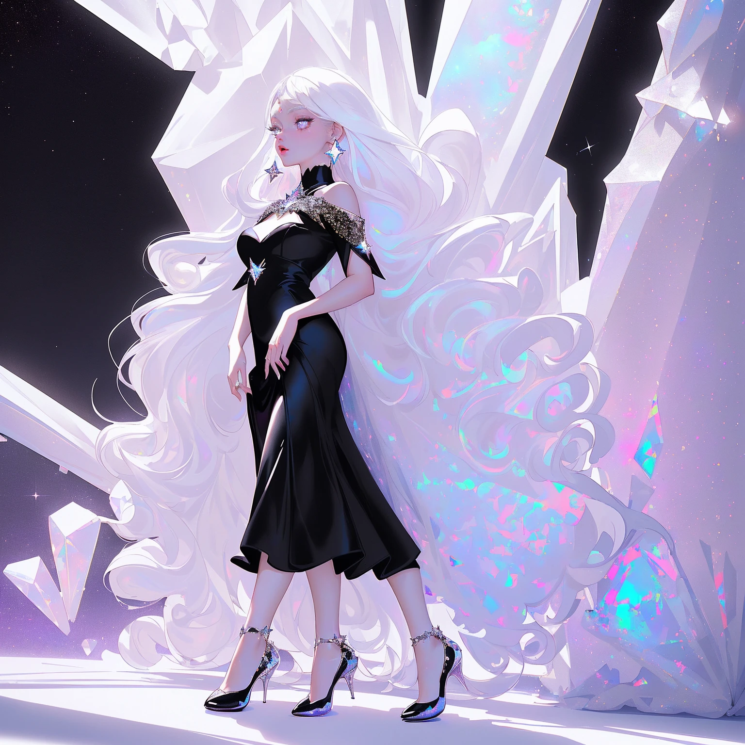 {-erro_de_anatomia:1.0} masterpiece, highest quality, (perfect face:1.1, (high detail)1.1, sweet stardust vampire , long soft white hair, opal eyes, perfectly drawn face, black dress, white background, prismatic lighting, glitter, whole body, cristal shoes, walking feet under the stars