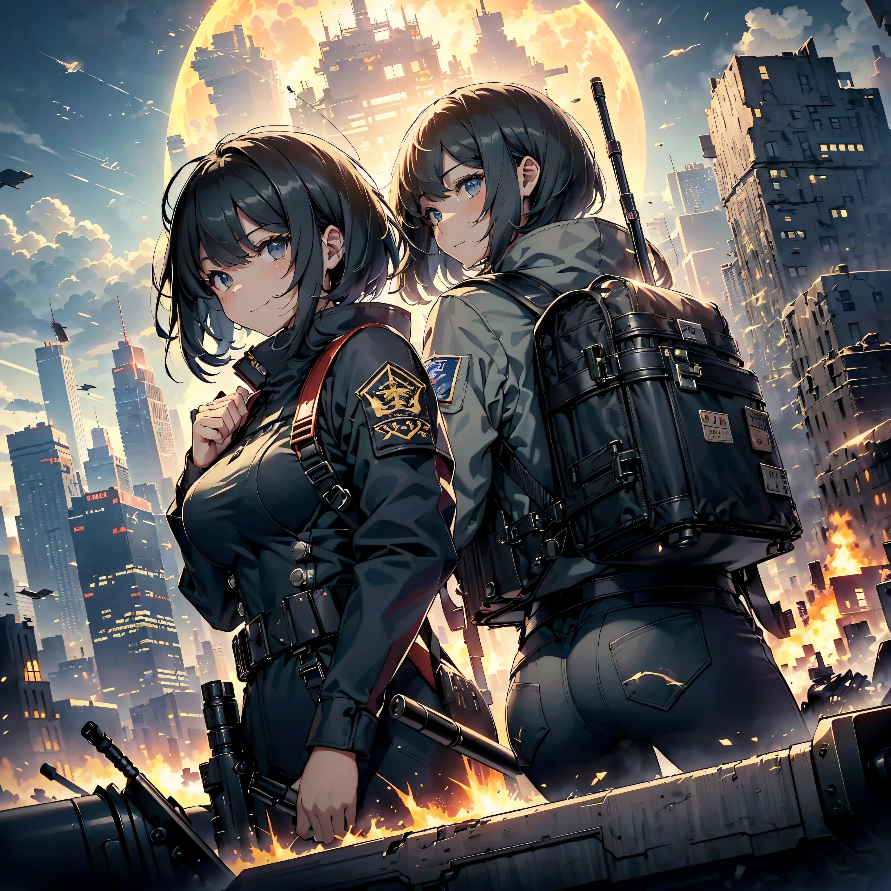 (highest quality,T Masterpiece,final solution,Fluffy,非常にcolorful,colorful):(female combatant,(kneeling pose)(pointing at your ass)mature woman,navy blue super short hair,Tight navy and black combat uniform,tight suit,steel city background,night,normal posture,normal posture、Gentle smile),(Time Machine、Computer、skyscraper gun、weapons of the future、(Backpack:1.1)、Real World、Plankton rattle field、volumetric fog、gray fog、cigarette、 explosion、apocalyptic、destroyed city background、burning building:1.3、splash of water、starry ski、huge moon、Earth、destroyed giant robot、radio tower、airplane flying overhead、shooting star rocket truck、broken car、derailed train、tank、giant weapon、electronic equipment、Luminous mechanism)