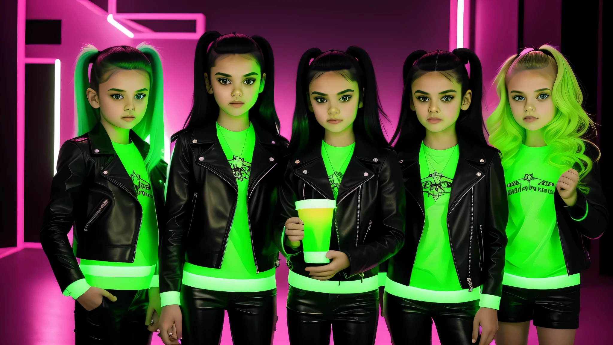 three girls in black leather jackets holding green lights and a green cup, next gen, green and black colors, green neon, powerpuff girls style, gen z, perfect android girl family, black and green, green and black, green glow, kids, music video, e-girl, e - girl, dark neon punk, high quality picture, new album cover
