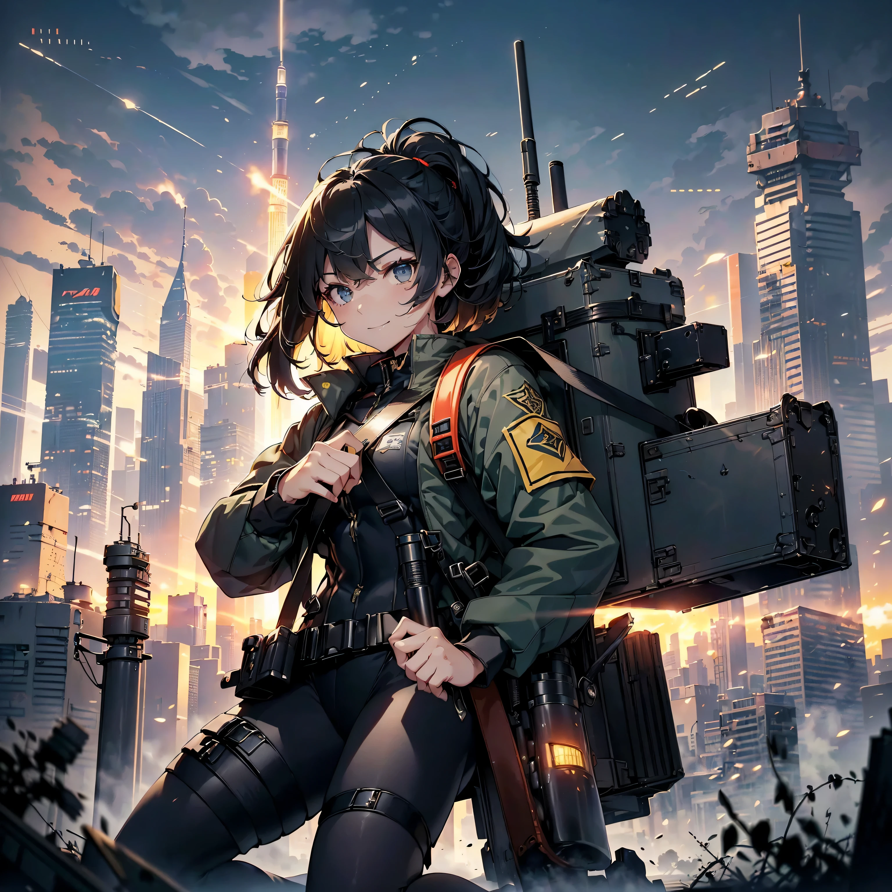 (highest quality,T Masterpiece,final solution,Fluffy,非常にcolorful,colorful):(female combatant,(kneeling pose)(pointing at your ass)mature woman,navy blue super short hair,Tight navy and black combat uniform,tight suit,steel city background,night,normal posture,normal posture、Gentle smile),(Time Machine、Computer、skyscraper gun、weapons of the future、(Backpack:1.1)、Real World、Plankton rattle field、volumetric fog、gray fog、cigarette、 explosion、apocalyptic、destroyed city background、burning building:1.3、splash of water、starry ski、huge moon、Earth、destroyed giant robot、radio tower、airplane flying overhead、shooting star rocket truck、broken car、derailed train、tank、giant weapon、electronic equipment、Luminous mechanism)