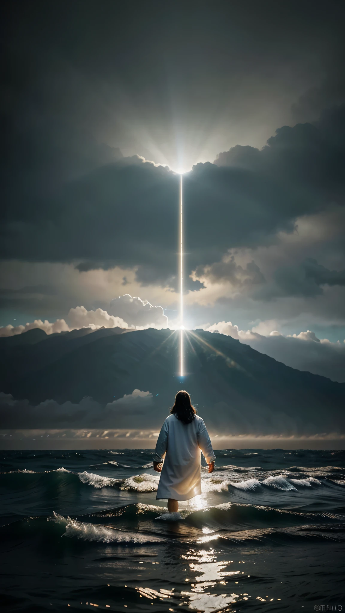 Jesus walking on water in a storm, confident smiling expression, beam of light descending from the sky and illuminating Jesus, obra de arte, alta qualidade, alta qualidade, papel de parede de unidade CG altamente detalhada 8k, fotos premiadas, bokeh, profundidade de campo, HDR, florescer, chromatic aberration, realista, muito detalhado, trend in artstation, trend in CG society, complexo, alto detalhe, dramatic,  Arte no meio da viagem, volumetric lighting