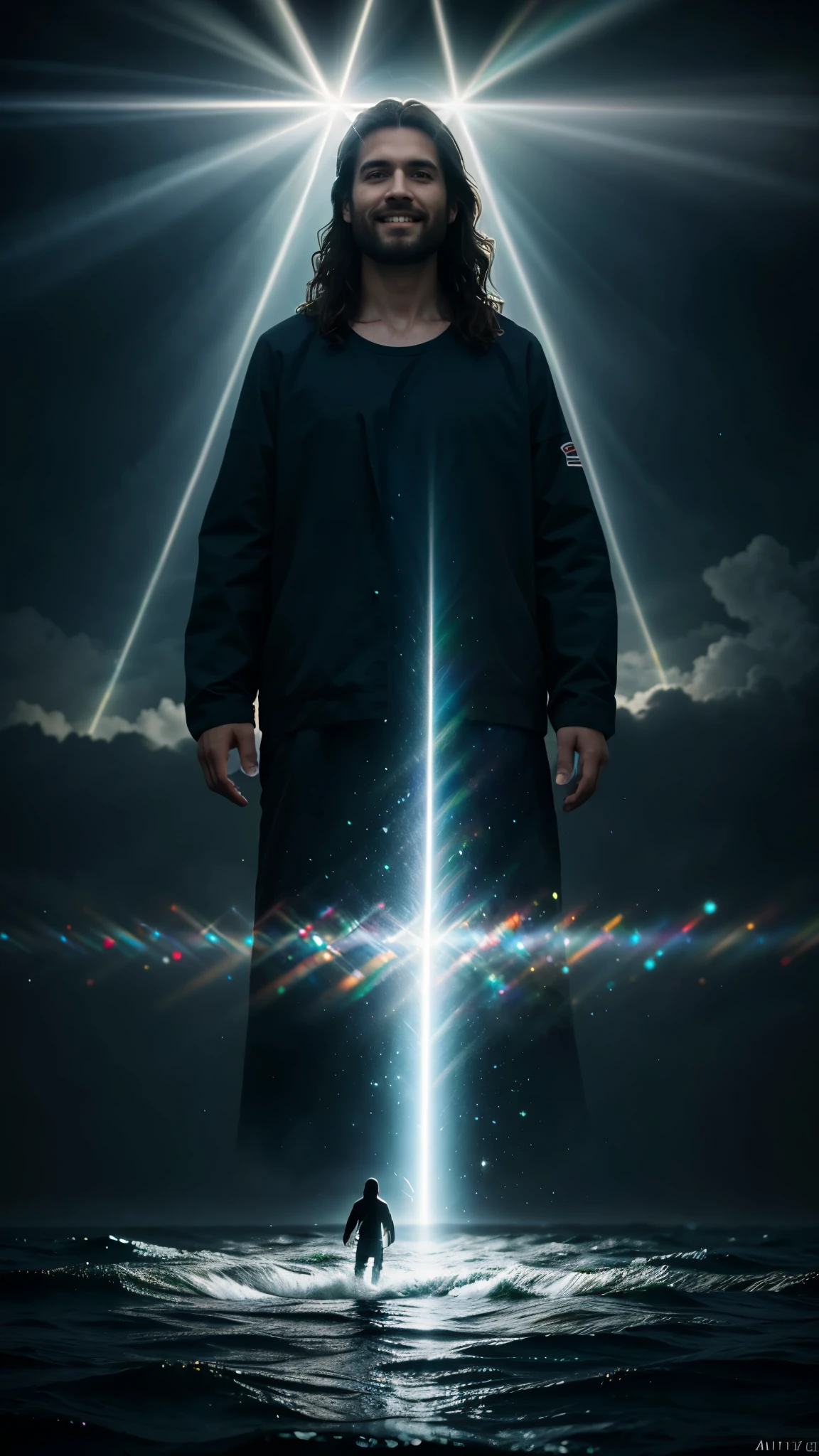 Jesus walking on water in a storm, confident smiling expression, beam of light descending from the sky and illuminating Jesus, obra de arte, alta qualidade, alta qualidade, papel de parede de unidade CG altamente detalhada 8k, fotos premiadas, bokeh, profundidade de campo, HDR, florescer, chromatic aberration, realista, muito detalhado, trend in artstation, trend in CG society, complexo, alto detalhe, dramatic,  Arte no meio da viagem, volumetric lighting