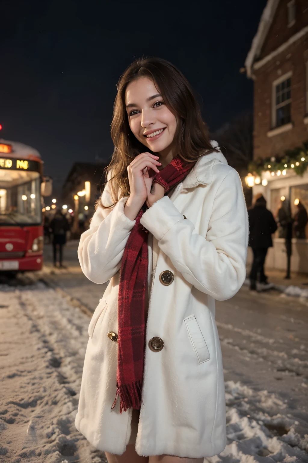 Embrace the spirit of Christmas in a single image! Picture a delighted and beautiful blonde girl standing at a bus stop, her joy evident as she basks in the magic of the holiday season. The scene is transformed into a winter wonderland with falling snow, encapsulating the essence of Christmas. Through the lens of a single image, capture the enchanting happiness of this festive moment as she celebrates the most wonderful time of the year.