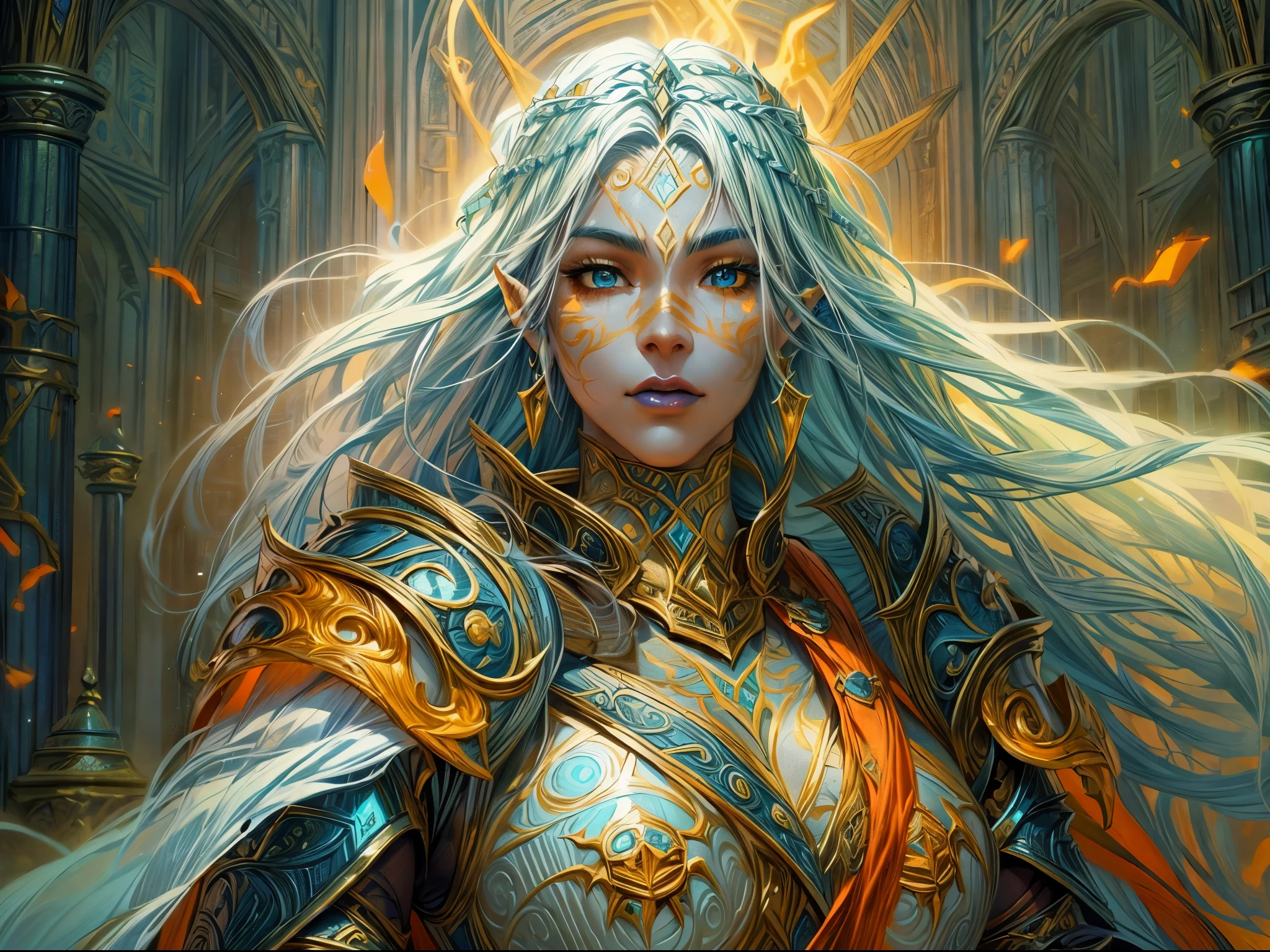 fantasy art, dnd art, RPG art, wide shot, (masterpiece: 1.4) portrait, intense details, highly detailed, photorealistic, best quality, highres, portrait a vedalken female (fantasy art, Masterpiece, best quality: 1.3) ((blue skin: 1.5)), exquisite beauty, (fantasy art, Masterpiece, best quality) cleric, (blue colored skin: 1.5) 1person blue_skin, blue skinned female, (white hair: 1.3), long hair, intense green eye, fantasy art, Masterpiece, best quality) armed a fiery sword red fire, wearing heavy (white: 1.3) half plate mail armor CM-Beautiful_armor wearing high heeled laced boots, wearing an(orange :1.3) cloak, wearing glowing holy symbol GlowingRunes_yellow, within fantasy temple background, reflection light, high details, best quality, 16k, [ultra detailed], masterpiece, best quality, (extremely detailed), close up, ultra wide shot, photorealistic, RAW, fantasy art, dnd art, fantasy art, realistic art,