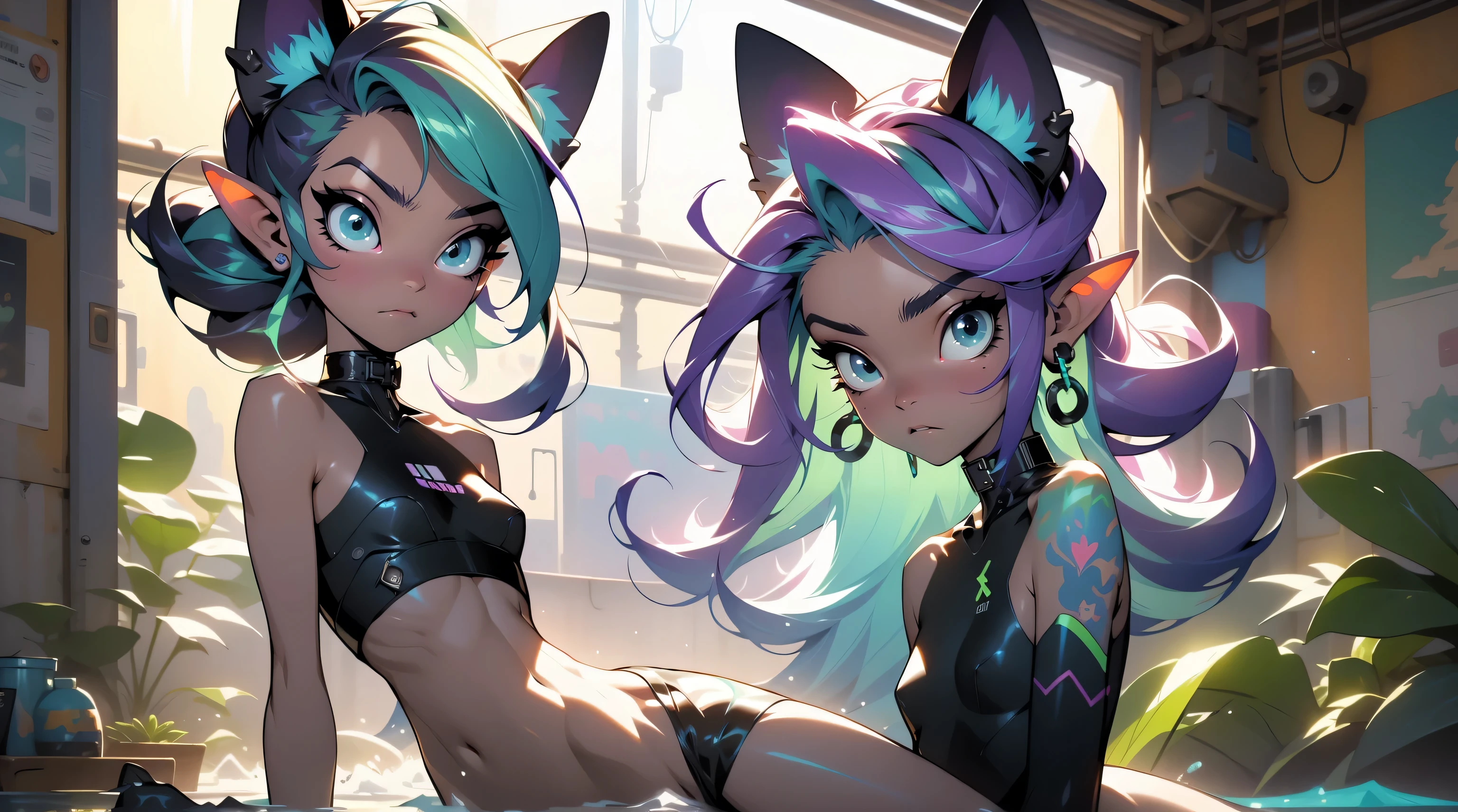 two beautiful skinny elf girls, rainbow color, neon grean and teal haircolor, , , no clothes, space buns, cute face, giant green and black octopus tentacles touching the girls, extreme abs, cute face, rainbow colors, city, cityscape, ancient ruins, beautiful girls, cute face, desert, cute face, long neon colored hair, cat ears, , extreme abs, rainbow colors, laboratory, desert oasis, cute face, water, detailed scene, futuristic style, rainbow colors, neon green detailes, in a e-girl room with a lot of stuff on the walls, , , no clothes, neon blue extremely long hair, cute face, extreme abs, very skinny, futuristic style, computer, cute face, cluttered room, art paintings, neon signs, window, drow elf, extreme abs, celestial labyrinth enchanted path, three cat girls, cute face, completely cool outfit, excessive green neon glowing jewlery, extreme abs, technology, girlfriends, Crazy psychedelic cat, extremely cute, crystal core, animal cat, magical, stunning