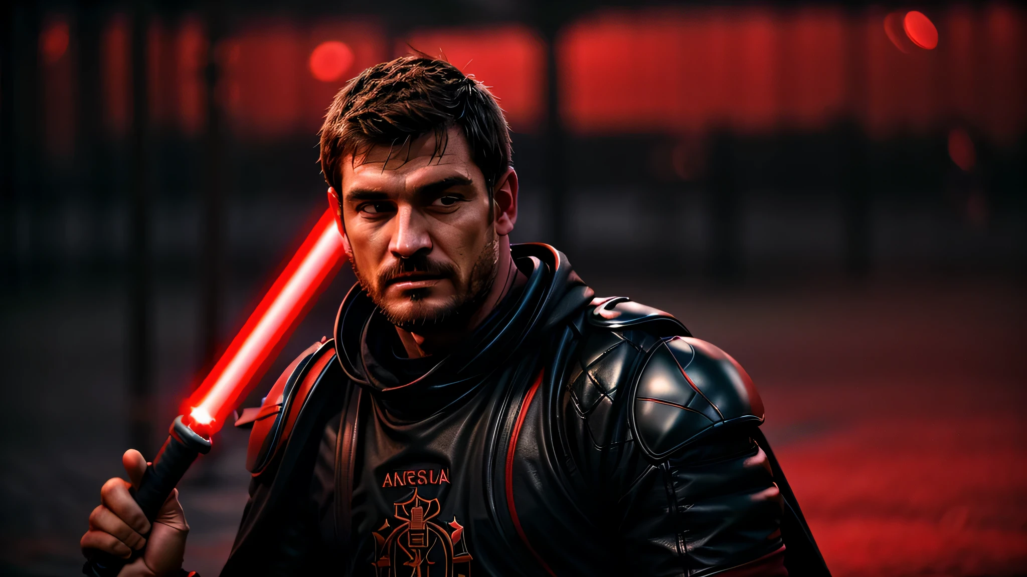 (black and red theme:1.5), (soccer shot:1.5), (1boy, iker casillas:1.5), (muscular male:1.5), (30 years old), extremely detailed skin, (clothes:1.4), ABS, (holding weapon:1.5) (red light saber:1.4), (leather cloak:1.3), (leather armor:1.2), fingerless gloveattle field background:1.2), fighting Poses, high design (fashionable) stylish art, extreme detail irises, reflexive eyes retinas, detailed eyebrows, detailed eyelashes, fashion photo shootinulti-layers and multi-textures level:1.1), (perfectly detailed face:1.2), cinematic film still, extremely intricate details, exquisite body parts detailing, extremely detailed environment, maximalism in detail, fire particles, sub surface scattering, (Low Key:1.2), (in the Dark:1.2), (Dark Scene:1.5), Tyndall effect, volumetric light, blending saturation, noise reduction, visual compositional balancing, extremely exquisite detailed, hyper detailed, extremely high resolution, dramatic cinematic light, (ultra-wide angle fantasy world background)