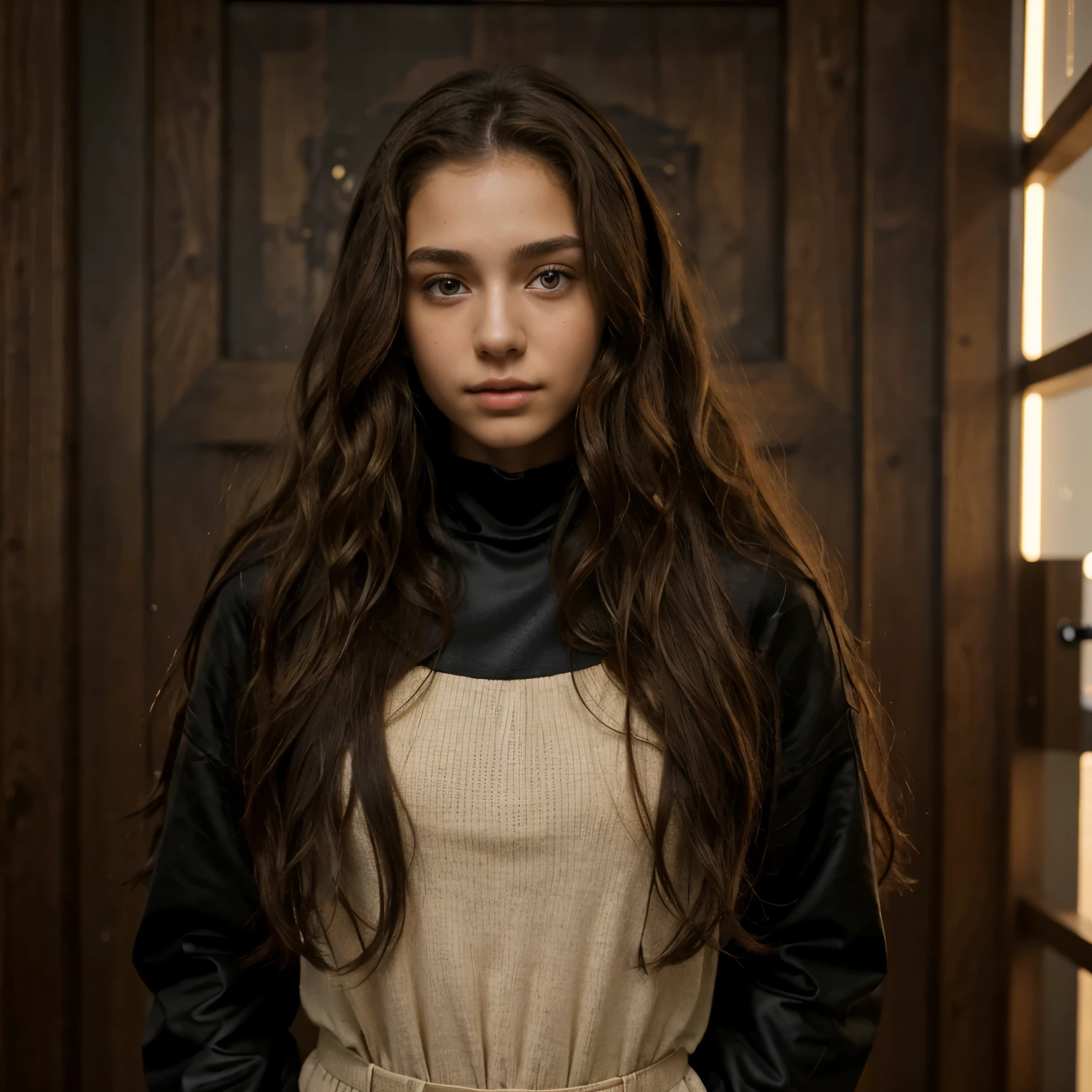 ((best quality)), ((masterpiece)), (detailed), a 16 years old girl with long brown curly hair, brown hazel eyes, beige skin, with an all black outfit, in a dystopian universe
