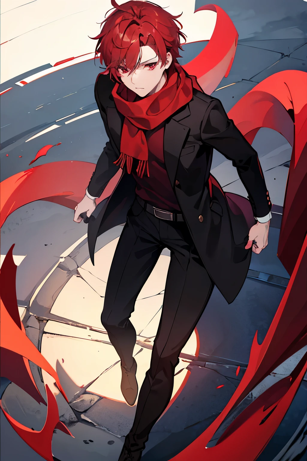 male red short hair red eyes Scarf Sweaters slacks baker Buy bread handsome man Knee-high boots masterpiece Highest image quality noise removal clear parts cinematic shadow Increased attractiveness of the eyes clear parts the shine of the eyes Draw eyelashes neatly perfect eyes detailed eyes Sharpen image quality Sharpen eye writing clear parts eye shape