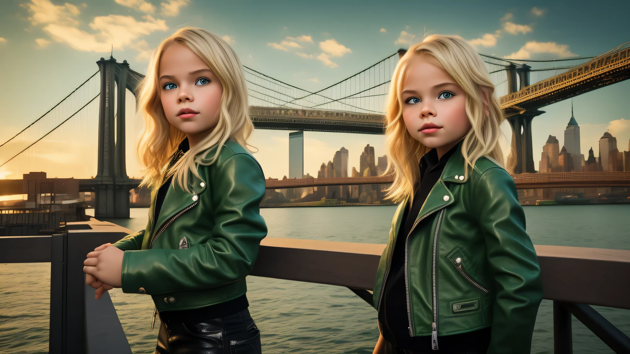 blond girl in green leather jacket standing on a bridge over water, new york backdrop, matte painting portrait shot, portrait shot, brooklyn background, by derek zabrocki, new york city as backdrop, astonishing, city backdrop, closeup shot, in matte painting, profile shot, stylized fantasy artwork, fantasy setting, photoshot, poster shot