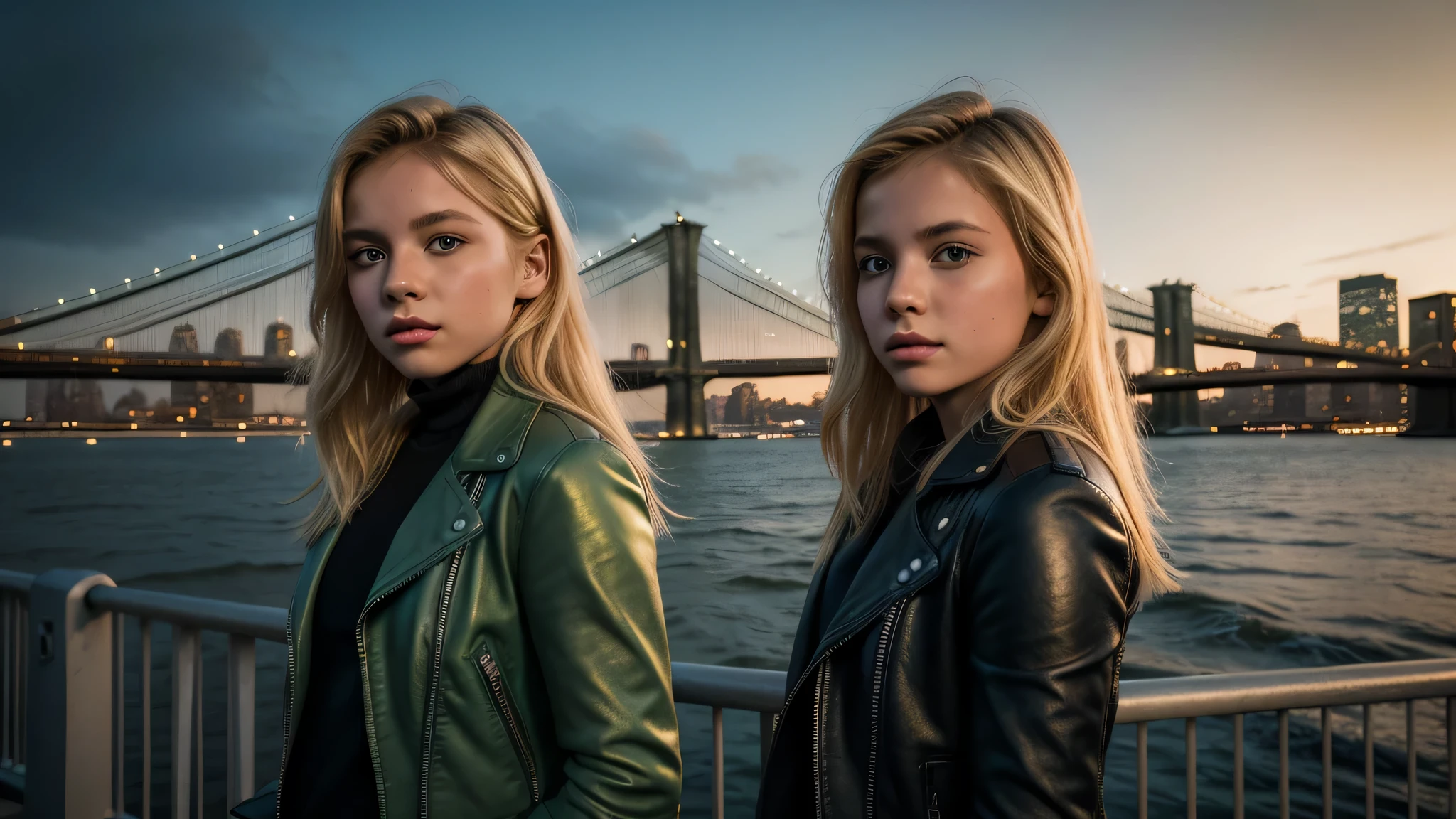 blond girl in green leather jacket standing on a bridge over water, new york backdrop, matte painting portrait shot, portrait shot, brooklyn background, by derek zabrocki, new york city as backdrop, astonishing, city backdrop, closeup shot, in matte painting, profile shot, stylized fantasy artwork, fantasy setting, photoshot, poster shot