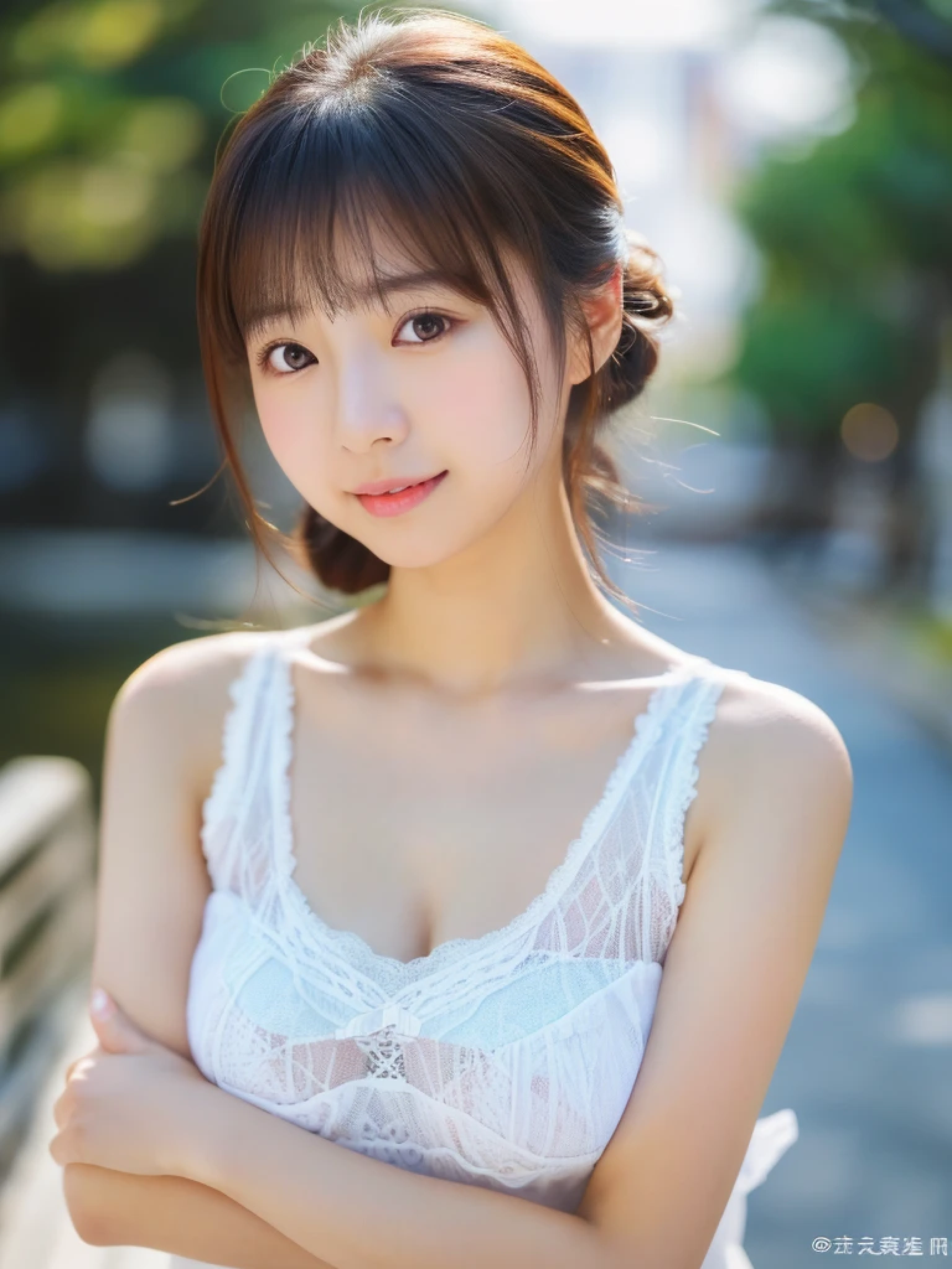 ((cute日本の女の子、beautiful japanese girl、1 girl、clear、19 years old、ponytail、Highly detailed face and skin texture、refinement、super detailed face、highly detailed eyes、Lee Hong、blush、cheek、ピンクのcheekを塗ったcheek、close-up of woman、Breast augmentation、frontを向いている顔、frontを向いている体、look at the camera、front、cute、smooth white skin、Transparent skin texture、))、(dark brown hair、bangs)、beautiful woman with perfect style:1.4、japanese model、young gravure idol、若いcuteグラビアアイドル、Realistic young gravure idol、refinementされたグラビアアイドル、((highest quality、8k、masterpiece:1.3、1photograph))、(4k、生photograph、highest quality)、(realistic、フォトrealistic:1.37)、Place someone on the other side of the screen、Natural light、upper body and head、