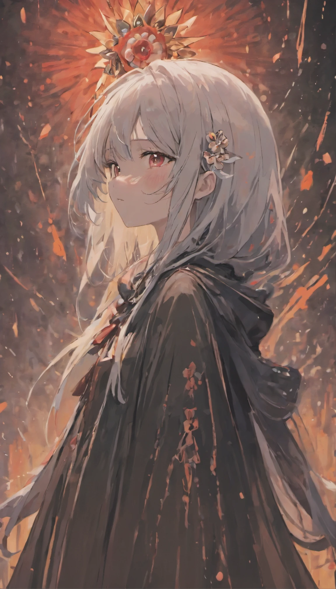 1 girl,alone,black facemask，1 girl,alone,((Beautiful and delicate eyes)), (detail light),depth of field,(white hair),silver eyes,hair covering one eye,(red flower ), hair flower,long hair,black cloak,wet,Without feelings,look back,night,Starfall,rain,FOG,red flowers falling,sketch,upper body,intense shading,