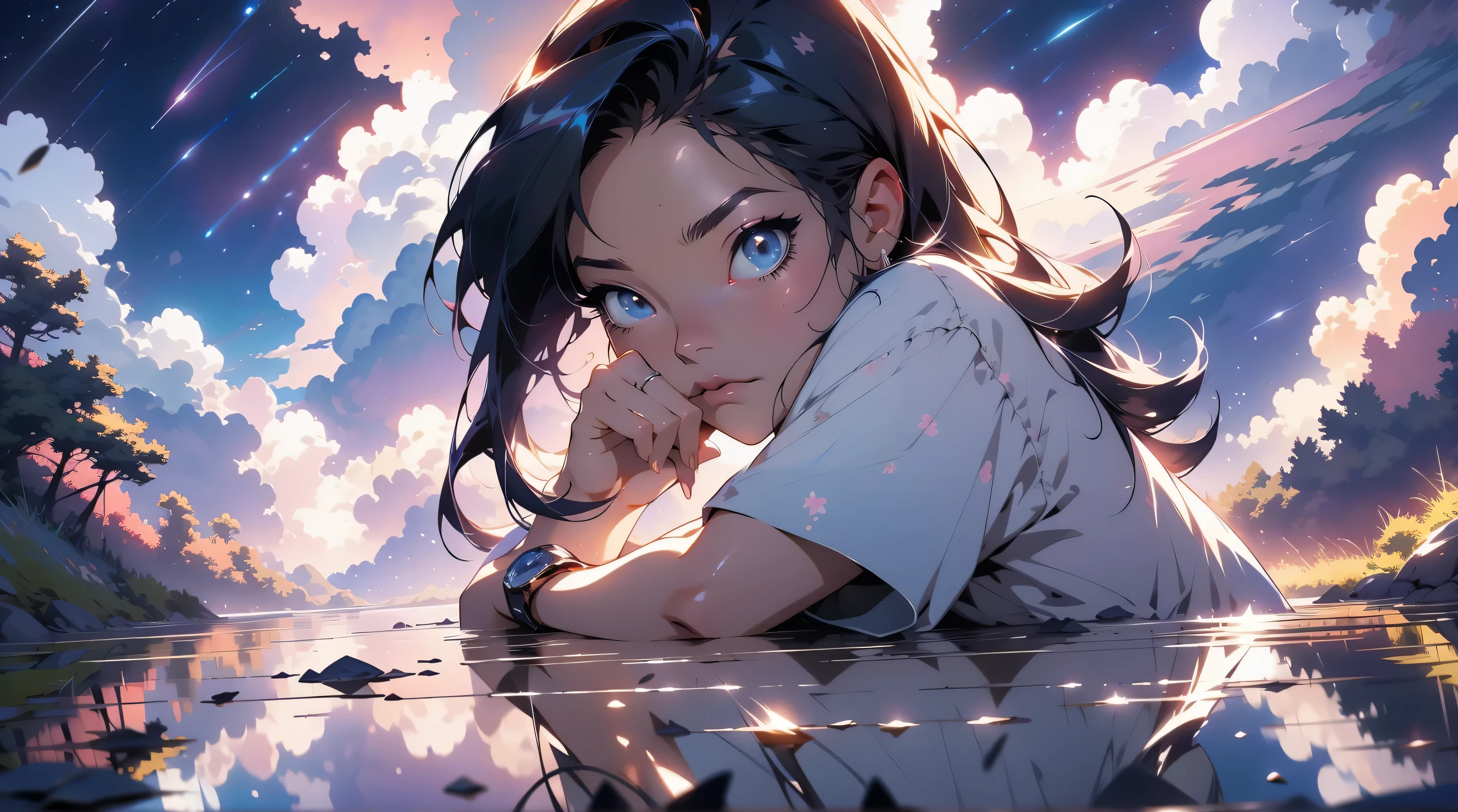 1 girl, eye, close up, beautiful night sky, meteor shower, beyond the clouds, water surrounded, reflections, wide angels, breathtaking clouds, wide angle, by makoto shinkai, thomas kinkade, james gilleard, by holosomnialandscape, hdr, volumetric lighting, ray tracing, an intricate, high details, very detailed, deviantart, 4k vertical wallpaper,, colorful, airy, anime illustration, anime nature wallpaper