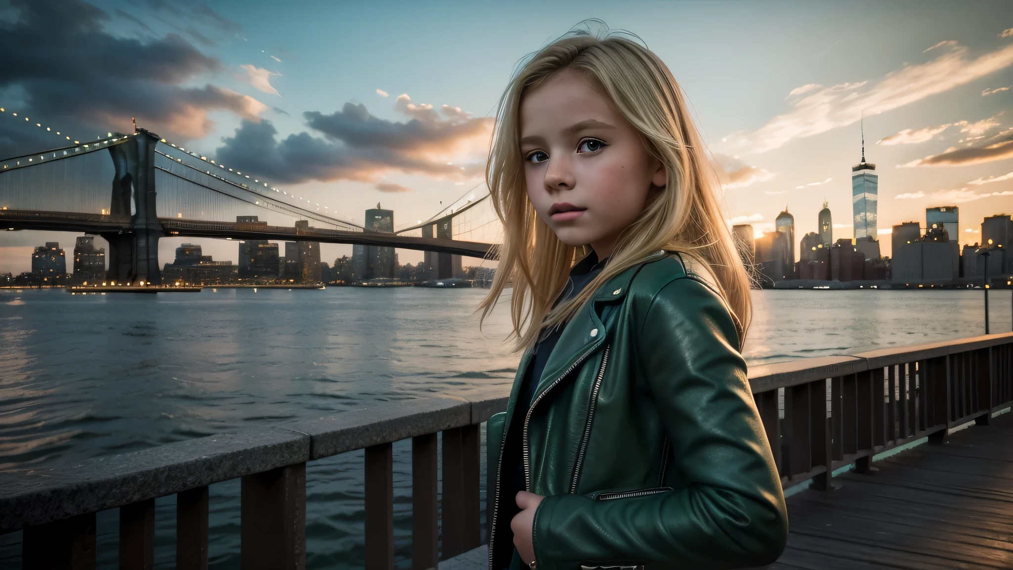 blond  girl in green leather jacket standing on a bridge over water, new york backdrop, matte painting portrait shot, portrait shot, brooklyn background, by derek zabrocki, new york city as backdrop, astonishing, city backdrop, closeup shot, in matte painting, profile shot, stylized fantasy artwork, fantasy setting, photoshot, poster shot