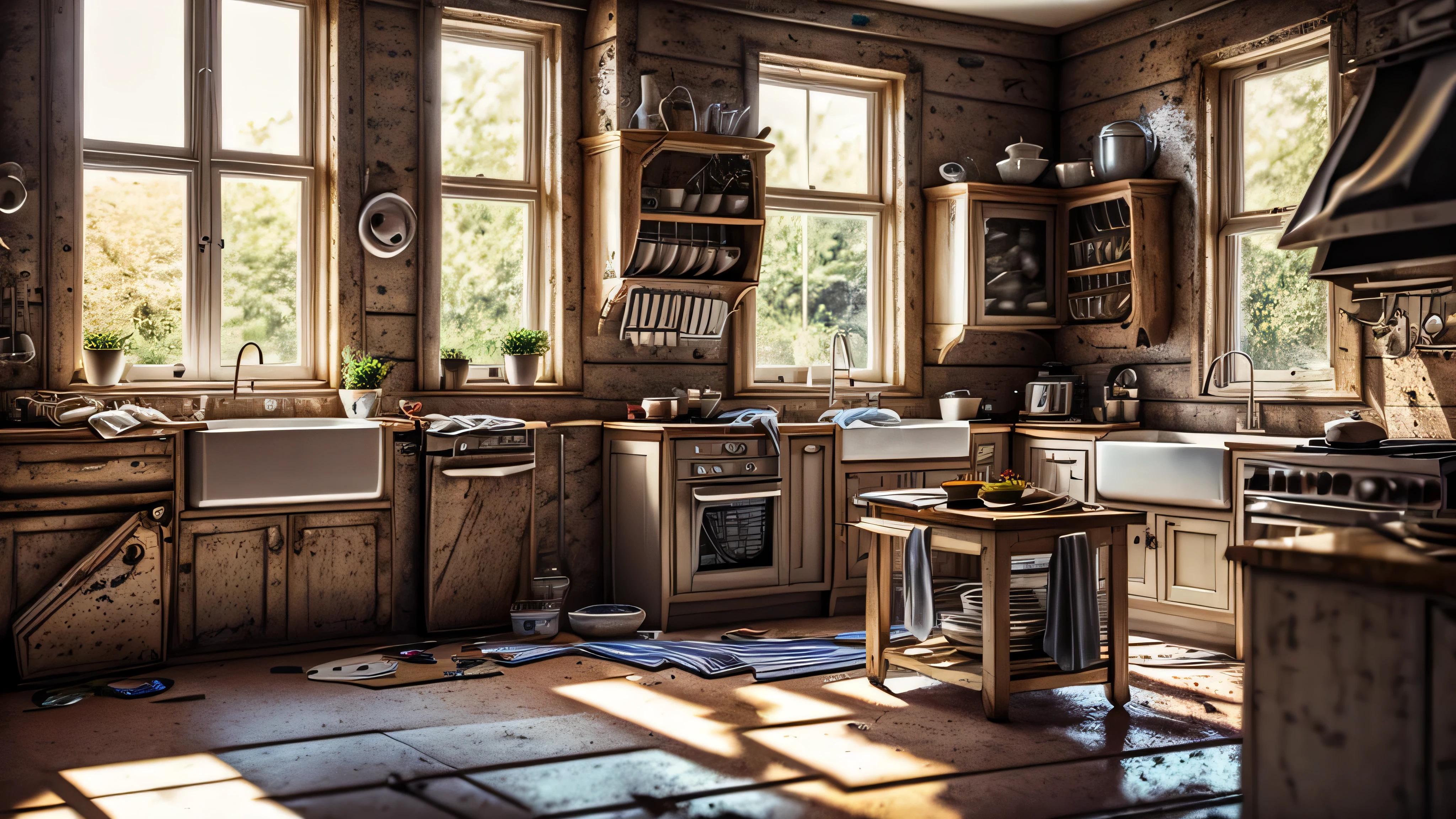 empty kitchen, messy kitchen, depth of field, dimmy lighting, realistic, high quality, sharp focus, high details,