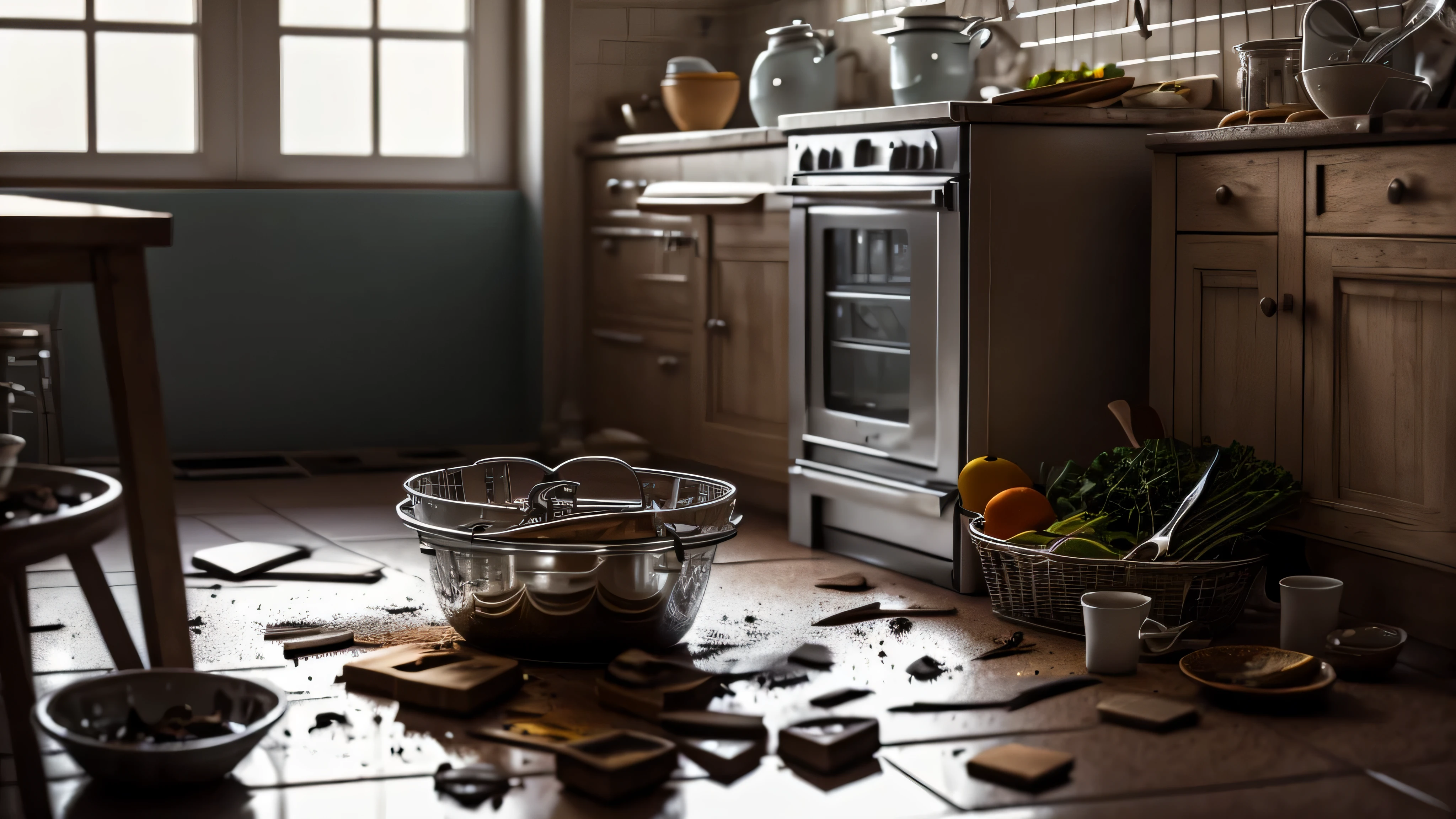 empty kitchen, messy kitchen, depth of field, dimmy lighting, realistic, high quality, sharp focus, high details,