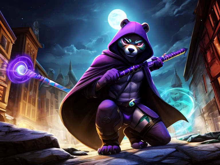 Two characters in the woods at night, a barefoot hypnotised drooling kneeling ninja polar bear in a black suit hypnotised by levitating tiger wizard in a dark red and purple suit with a cloak and hood and a magical glowing staff, bear is hypnotized on his knees with a look of defiance on his face, nice big paws with short claws