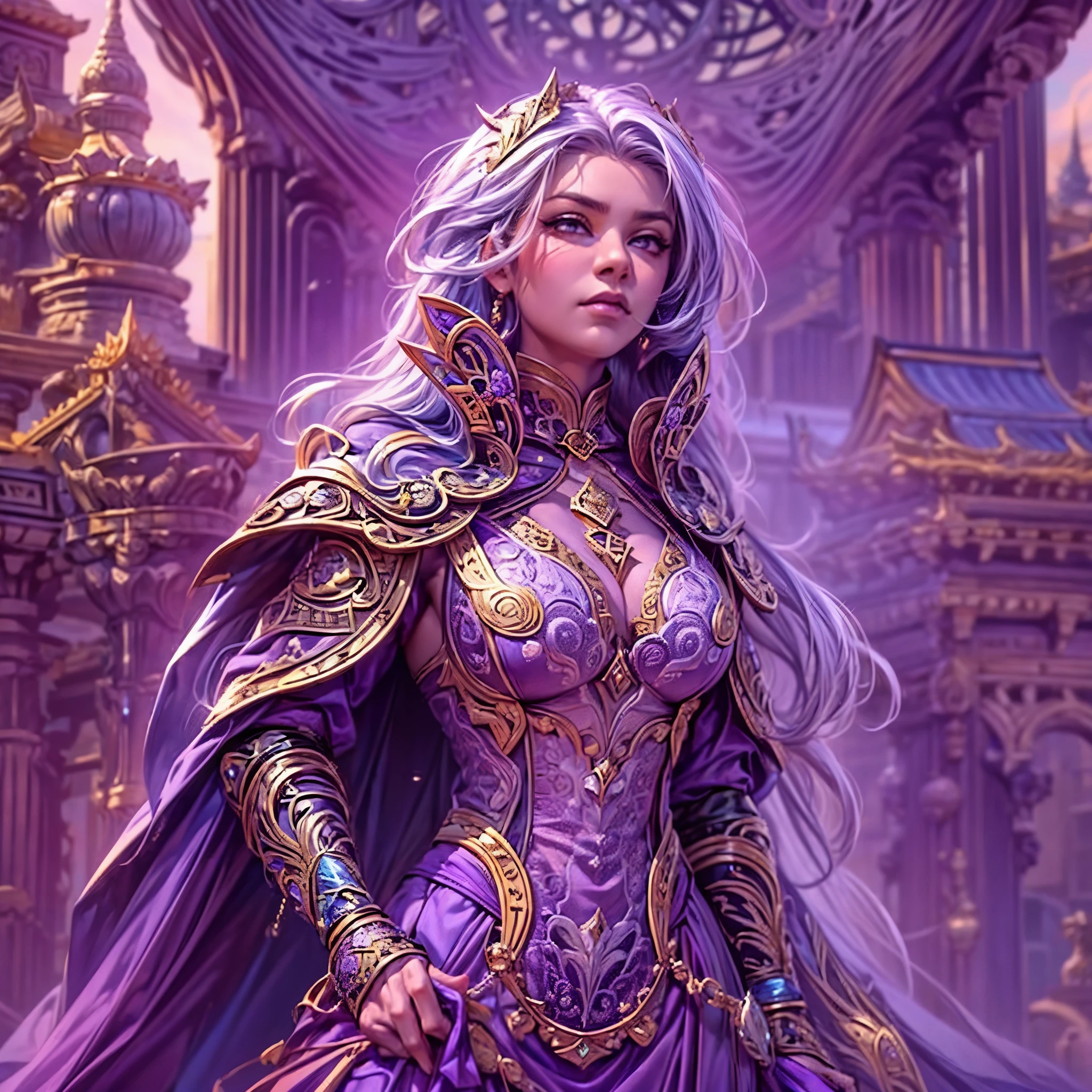 16k, ultra detailed, masterpiece, best quality, (extremely detailed), dynamic angle, anatomically correct, an ultra wide angle picture of a female human in front of a magical tower (intricate details, Masterpiece, best quality: 1.5), female human (intricate details, Masterpiece, best quality: 1.5), beautiful human (intricate details, Masterpiece, best quality: 1.4), (purple skin: 1.5), white hair, braided hair, magical tower (intense details, masterpiece: 1.3), wearing armor, flowing robe, sun light,
