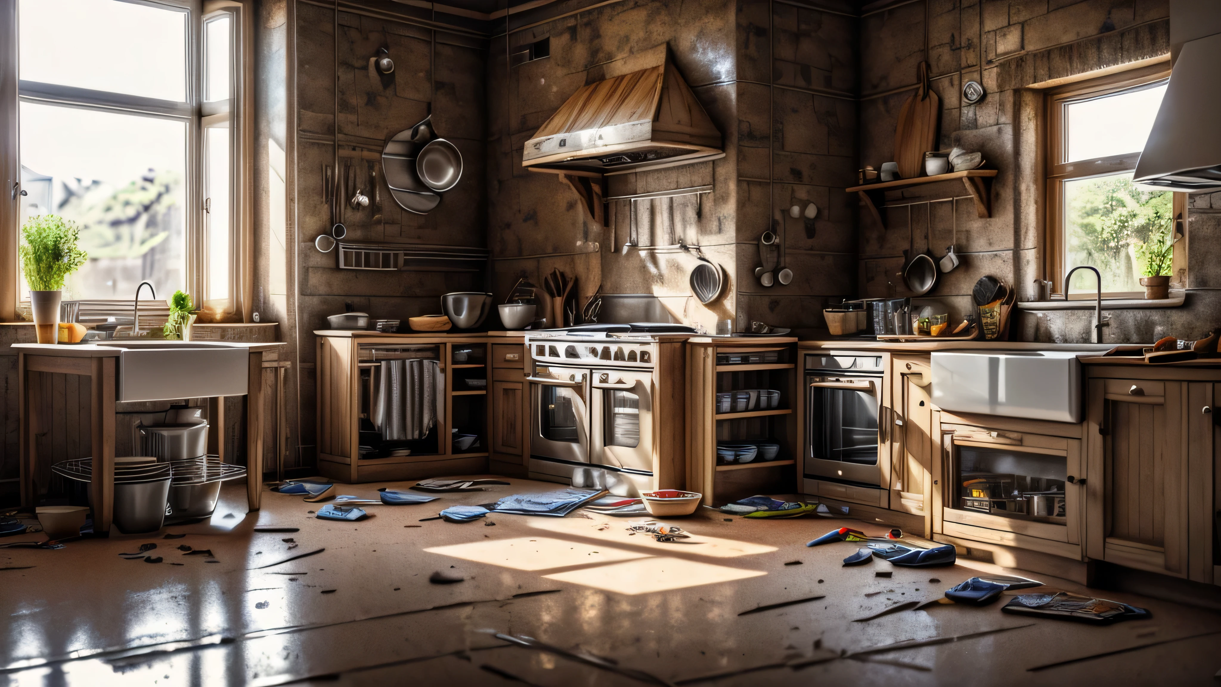 empty kitchen, messy kitchen, depth of field, dimmy lighting, realistic, high quality, sharp focus, high details,