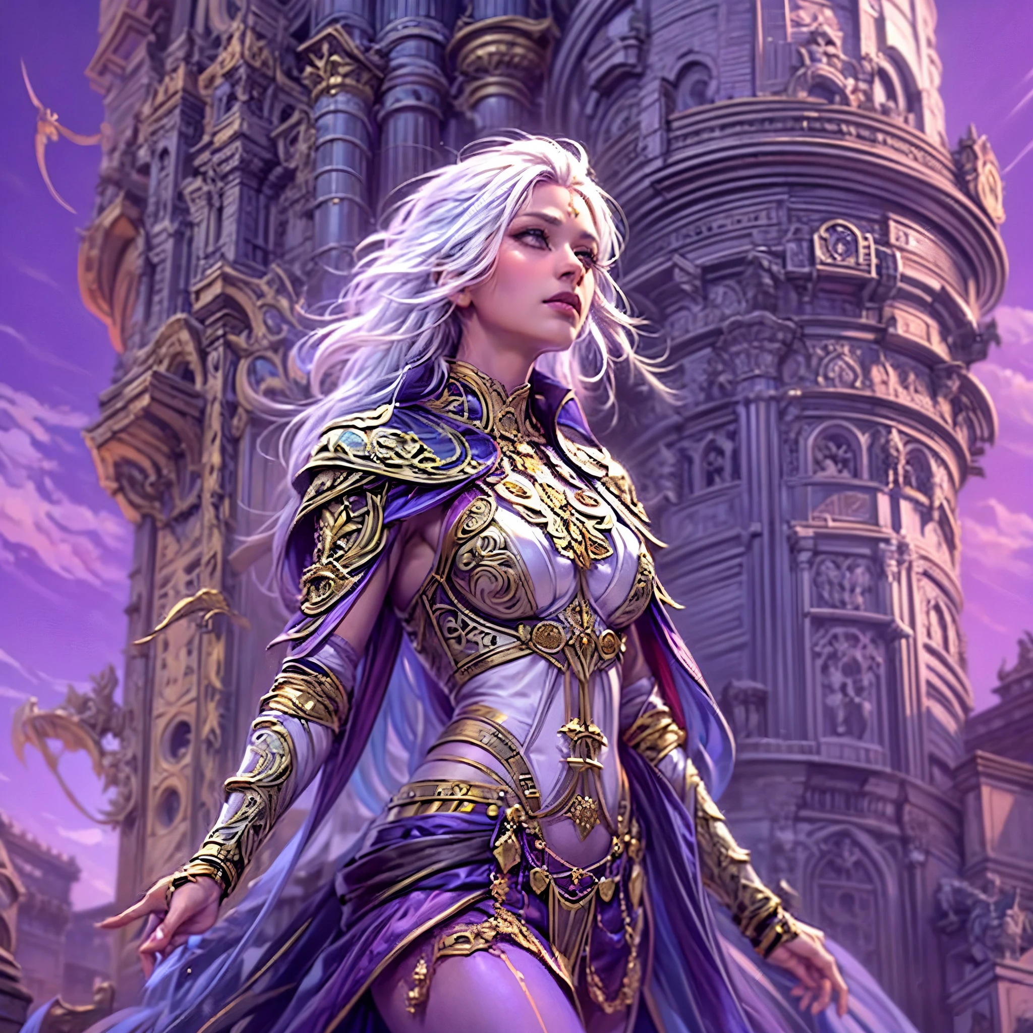 16k, ultra detailed, masterpiece, best quality, (extremely detailed), dynamic angle, anatomically correct, an ultra wide angle picture of a female human in front of a magical tower (intricate details, Masterpiece, best quality: 1.5), female human (intricate details, Masterpiece, best quality: 1.5), beautiful human (intricate details, Masterpiece, best quality: 1.4), (purple skin: 1.5), white hair, braided hair, magical tower (intense details, masterpiece: 1.3), wearing armor, flowing robe, sun light,