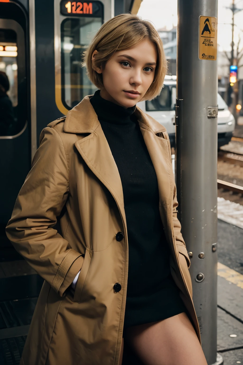 self confident young woman with short blond hair and coat waiting for the train