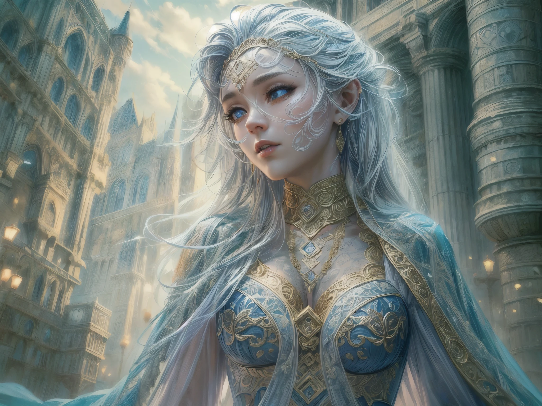 16k, ultra detailed, masterpiece, best quality, (extremely detailed), dynamic angle, anatomically correct, an ultra wide angle picture of a female human in front of a magical tower (intricate details, Masterpiece, best quality: 1.5), female human (intricate details, Masterpiece, best quality: 1.5), beautiful human (intricate details, Masterpiece, best quality: 1.4), (blue skin: 1.5), white hair, braided hair, magical tower ( 1.5, intense details, masterpiece), flowing robe, sun light,