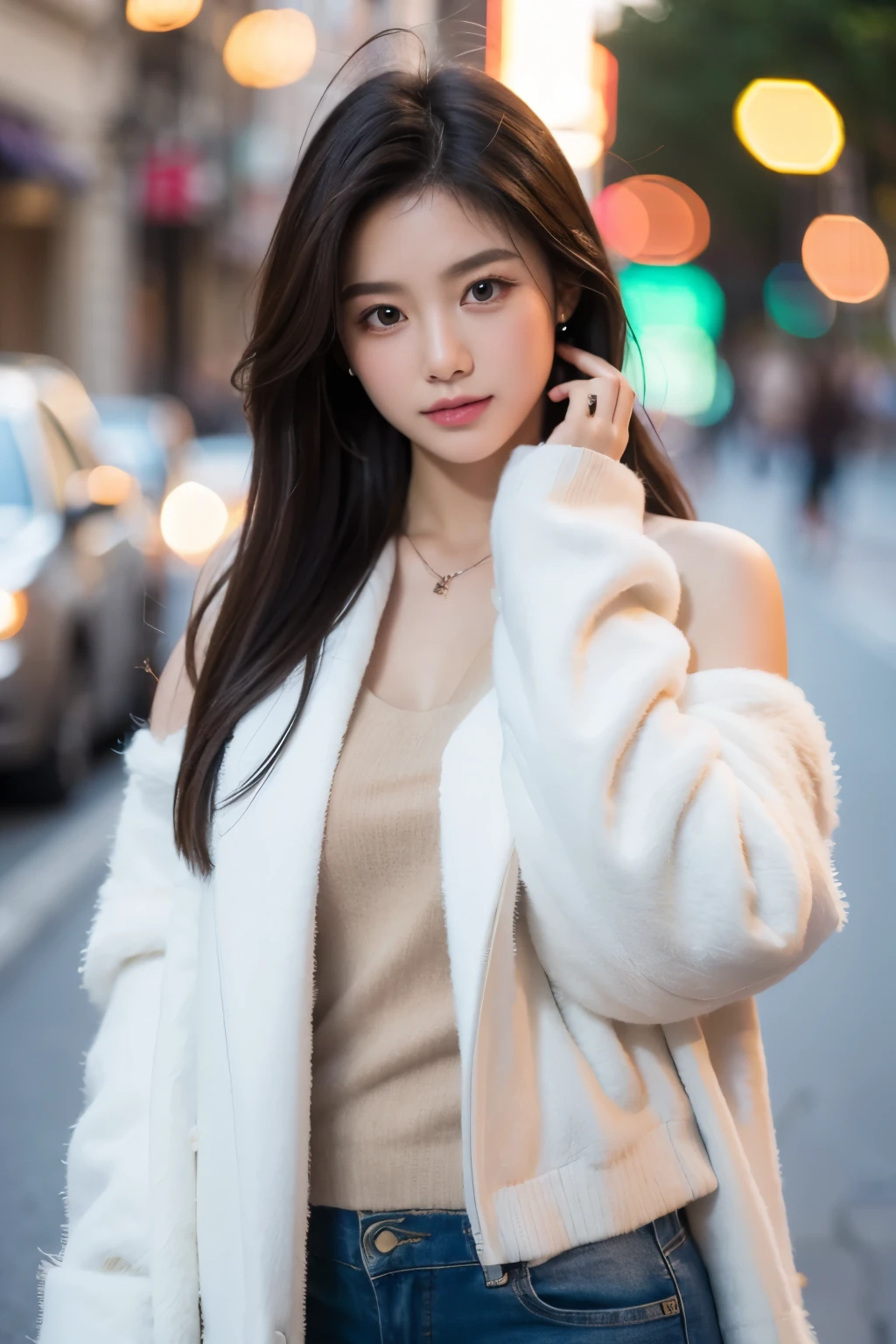 (best quality,4k,8k,highres,masterpiece:1.2), ultra-detailed, realistic:1.37, HDR, UHD, studio lighting, professional, vivid colors, bokeh, portraits, black hair, shoulder-length hair, brown eyes, light brown eyes, fair skin, girl alone, Asian, 20 years old, wearing a pink dress with a white coat