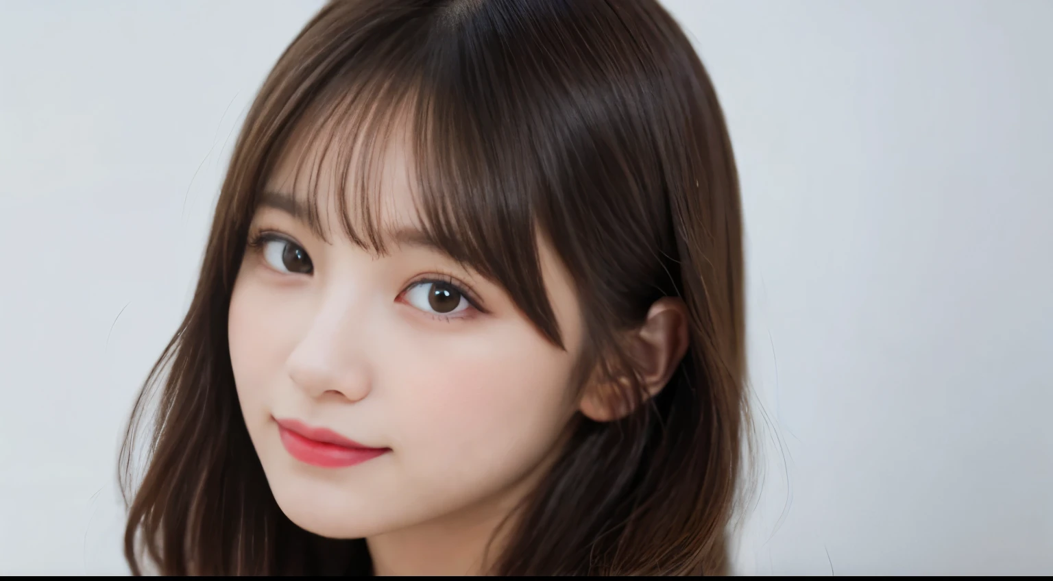 muste piece, best quality, illustration, Super detailed, fine details, High resolution, 8K Dende Wallpaper, perfect dynamic composition, beautiful detailed eyes, she is wearing a black work suit,medium hair,natural color lip, shy smile,Harajuku style、20 year old girl、There is only one person, bust-up photography、cute type、looking at camera、C Cup、brown hair、pure white background、white background、background white