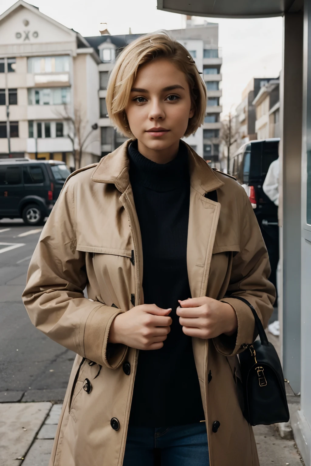 self confident young woman with short blond hair and coat waiting for the bus