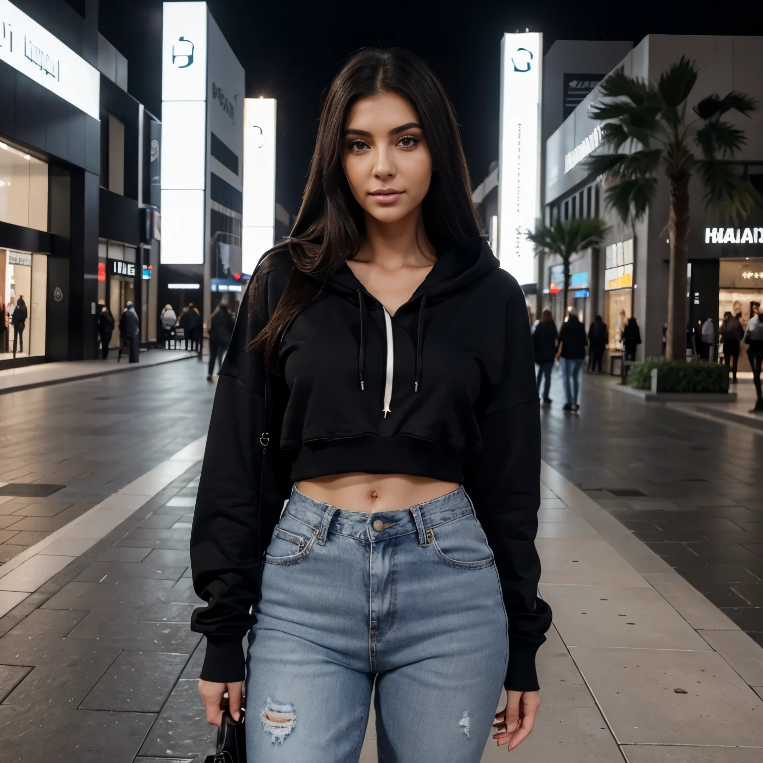 Full body shot of an attractive Lebanese e-girl woman, in schwarzem oversized hoodie und weisser jeans, lachen, have fun, in huge dubai luxury shoppingcenter, Kardashian-Gesicht, mit hellbrauner Haut, naturally, kein Make-up, naturally imperfections, schwarzes Haar, Aufgenommen mit einer Canon EOS R3 mit RF 1200mm f8 L IS USM, Kamerawinkel von der Seite und von unten, naturally light, full whole body, Realistische Fotografie, Hyperdetail, ULTRAHD, ULTRAHD, HDR, - no bad hands, keine Lampen