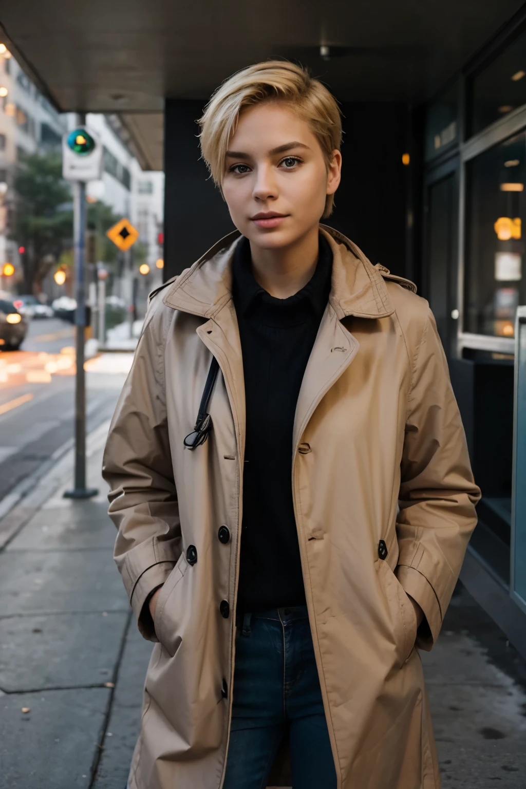 self confident young woman with short blond hair and coat waiting for the bus
