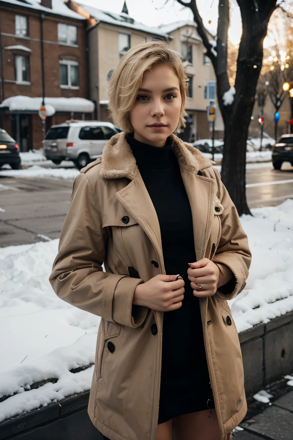 self confident young woman with short blond hair and coat waiting for the bus
